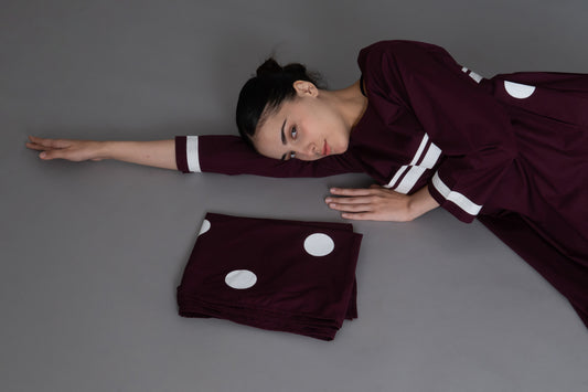 Maroon Polka Pleated Back Dress  Co-ord with Scraff