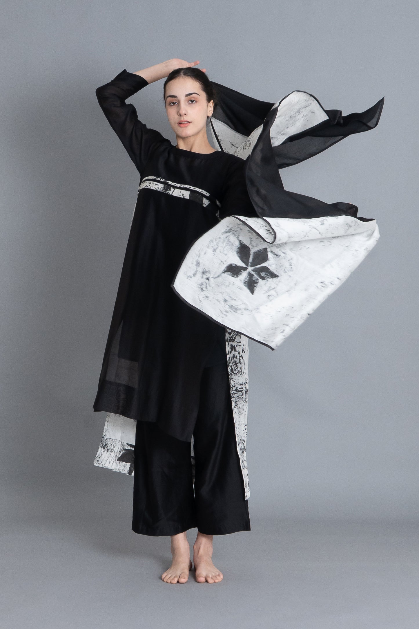 Black Textured Pleated  Dress Co-ord with Scraff