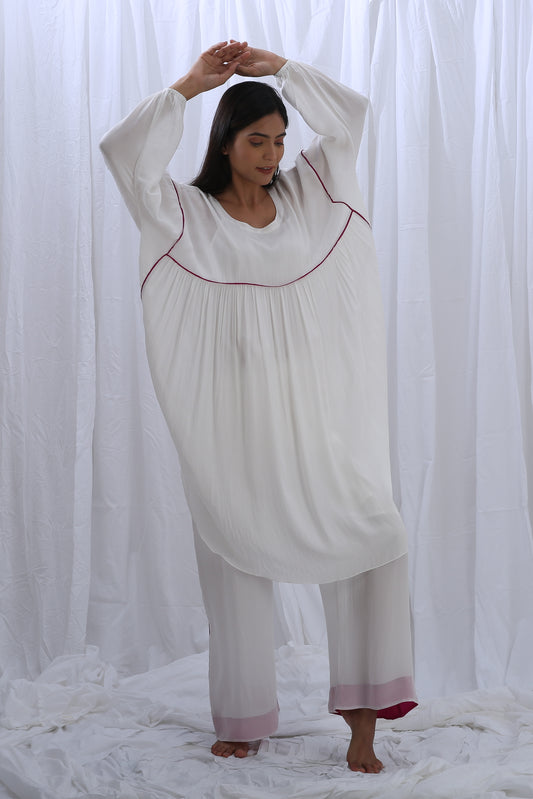 Bright White Pink Piping Kaftan Co-ord