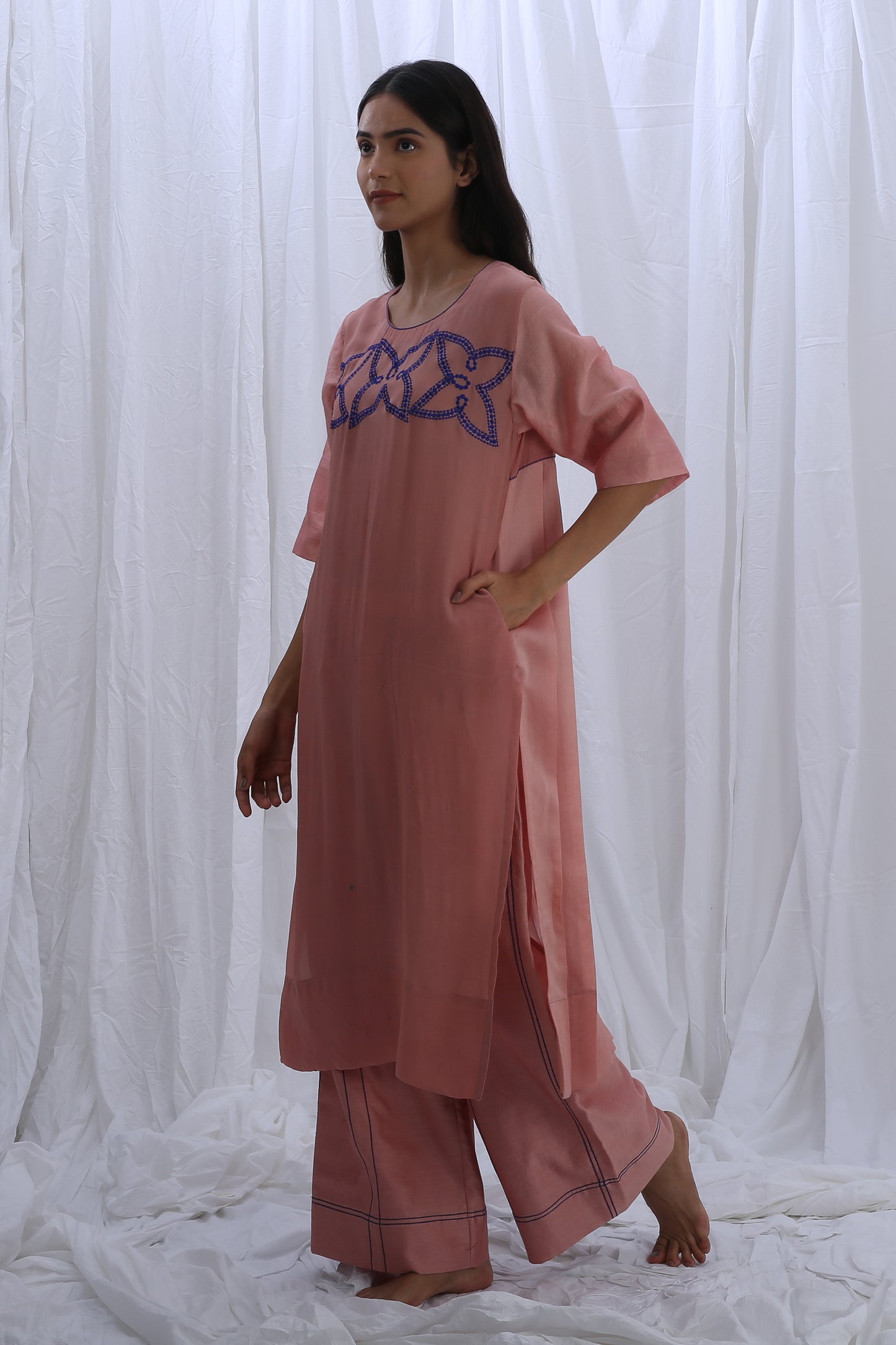 Peachy Pink Embroidery Pleated Dress