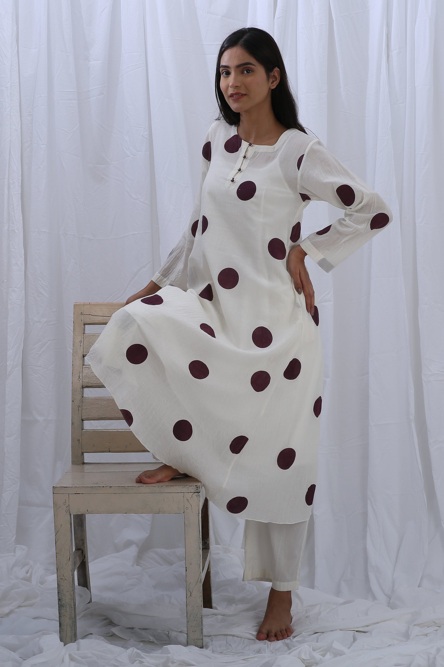 Berry polka round neck Dress Co-ord