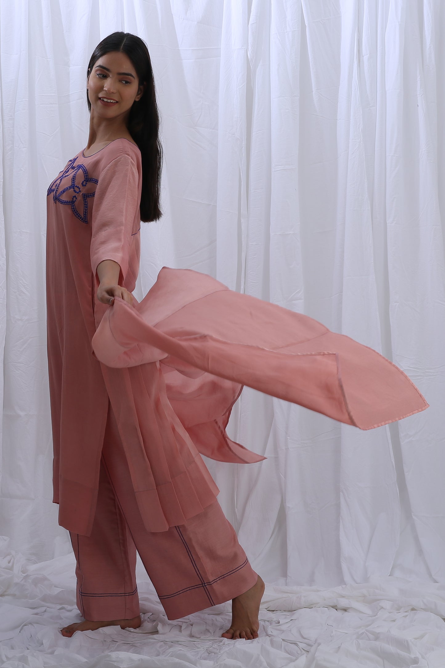 Peachy Pink Embroidery Pleated Dress Co-ord