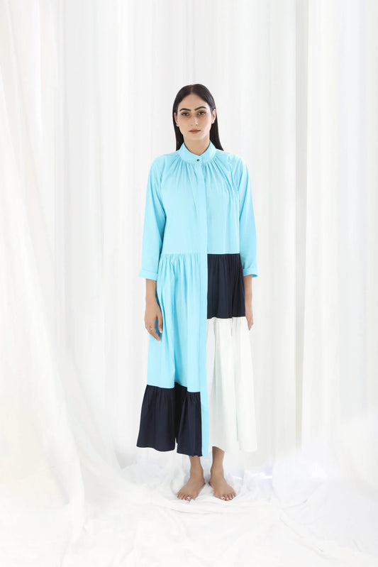 Light Blue Gather neck panel Dress