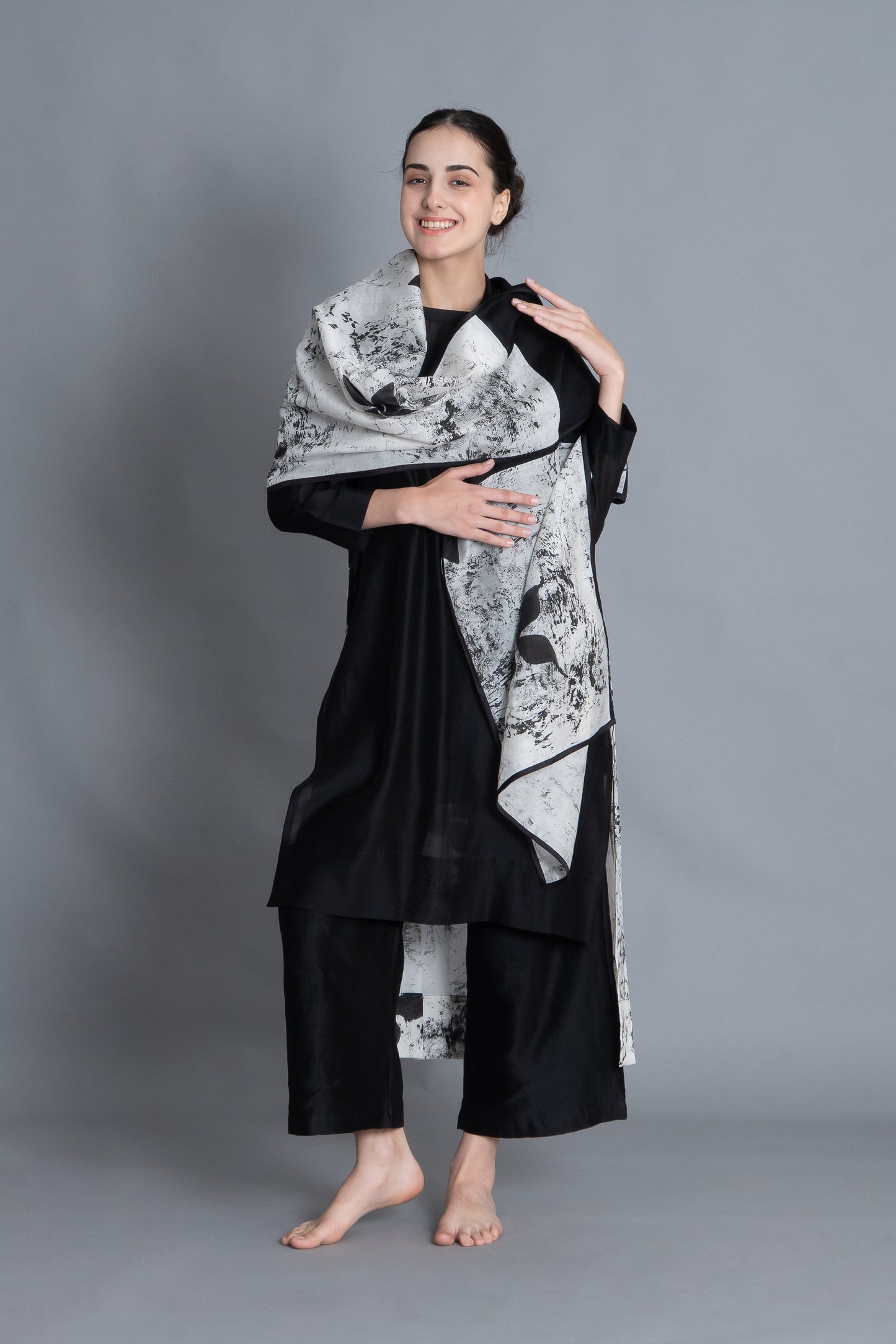 Black Textured Pleated  Dress Co-ord with Scraff