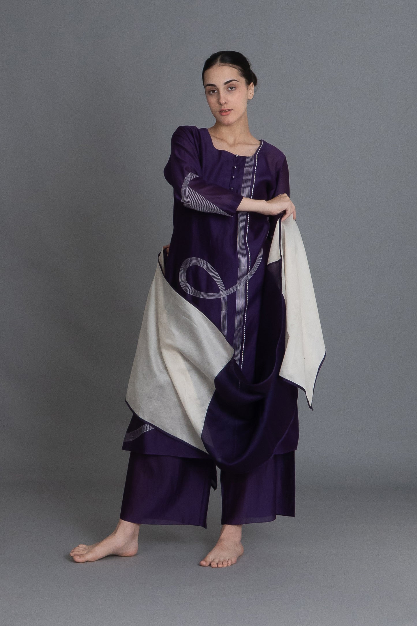 Purple Embroidered Dress Co-ord with Scraff