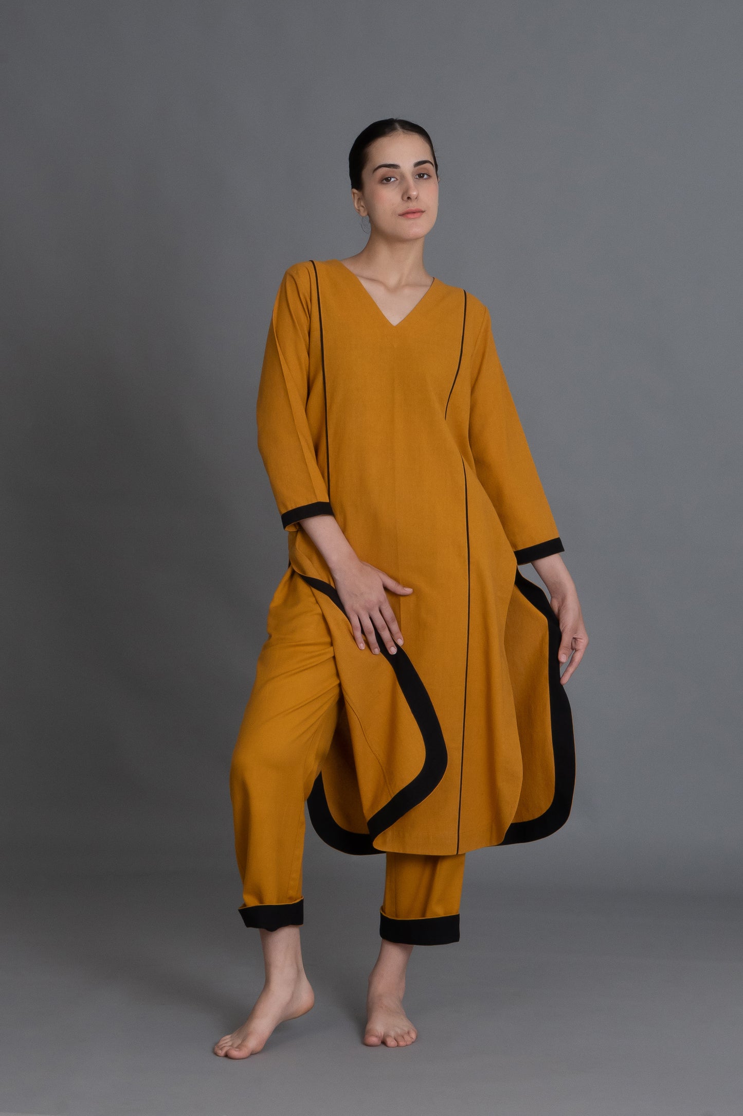 Mustered Cotton V-Neck Dress