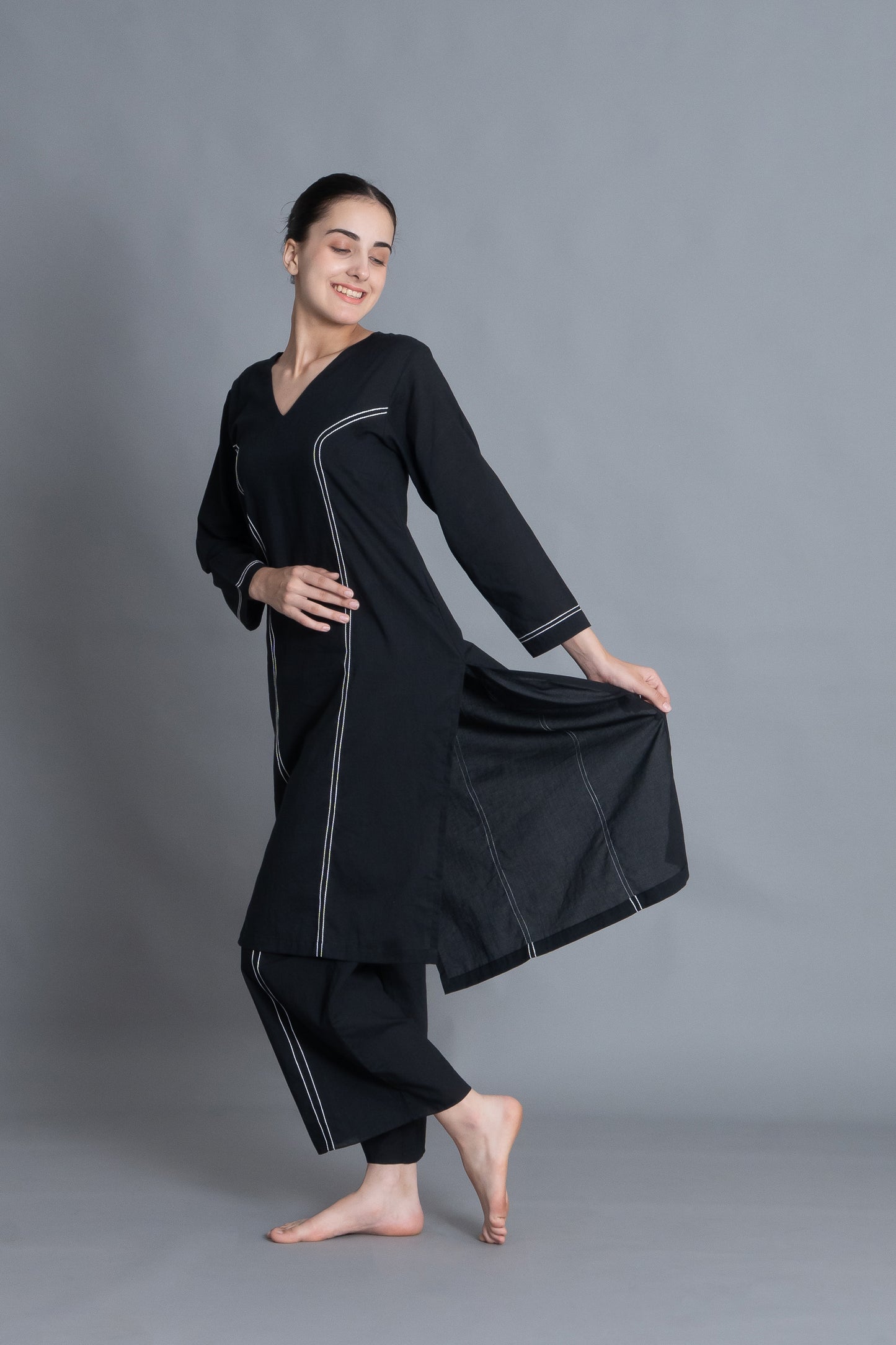 Noir Embroidered V-Neck Dress