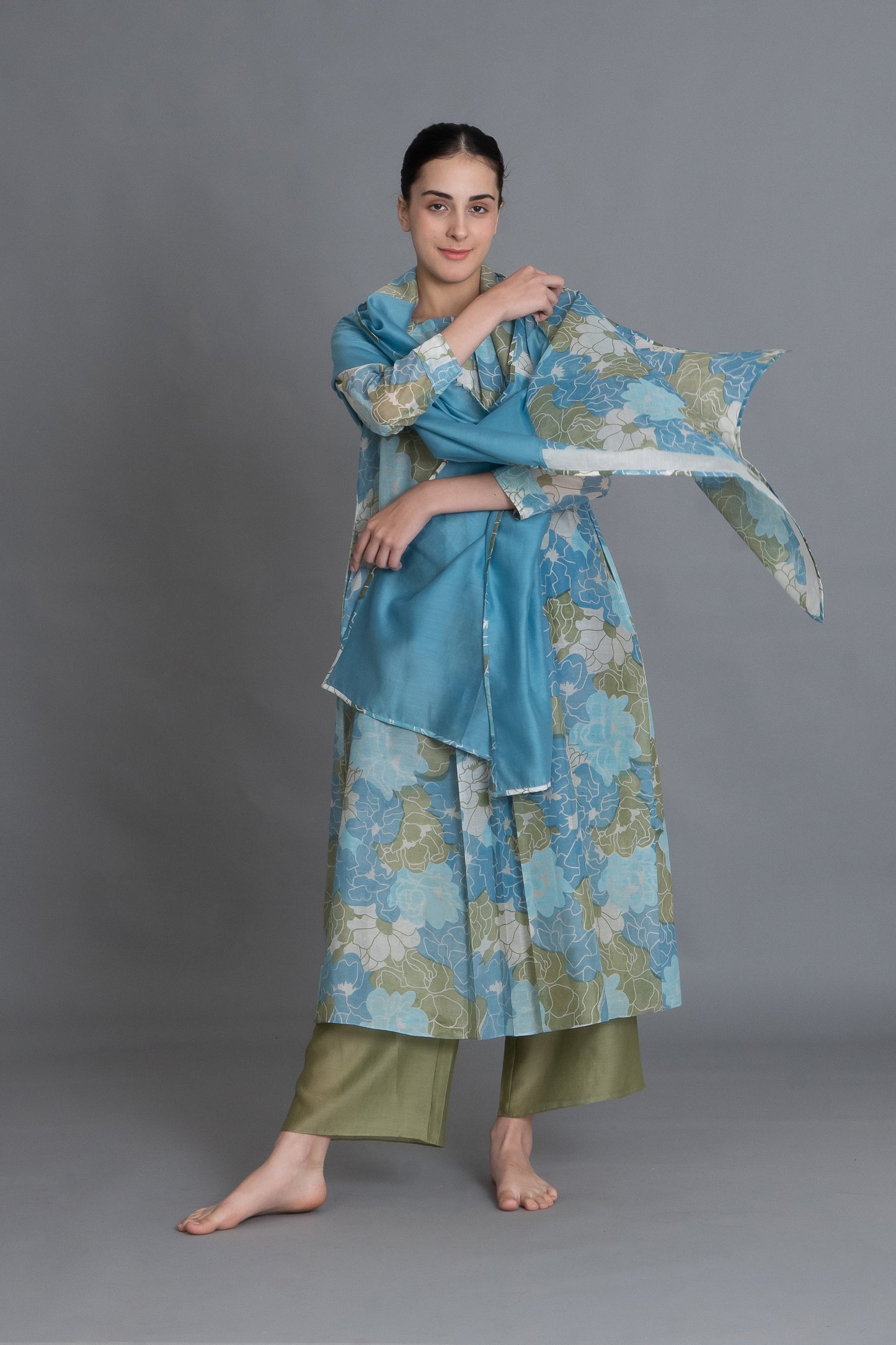 Ocean Blue Floral Print Dress Co-ord with Scraff