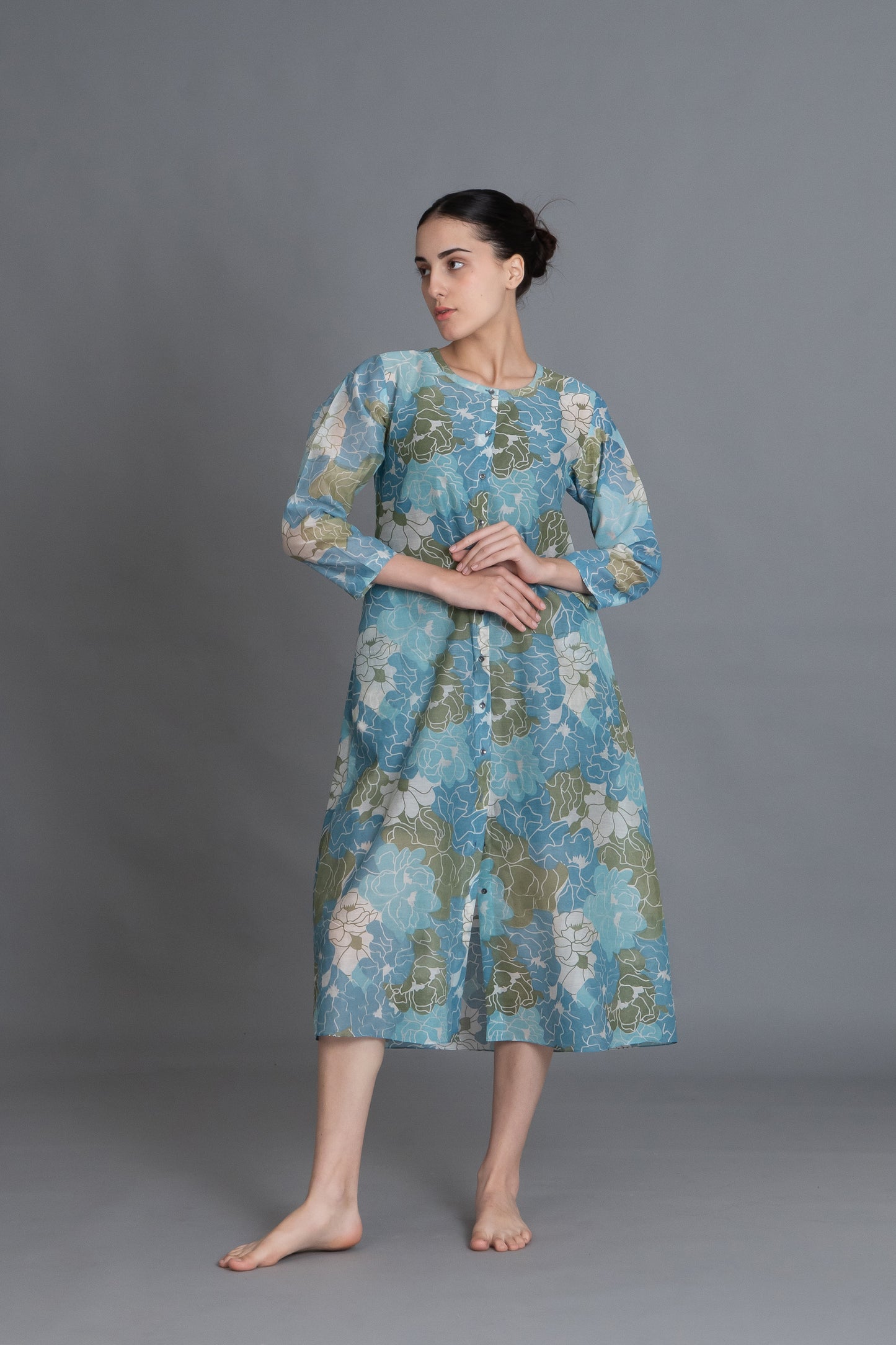 Ocean Blue Floral Print Kurta