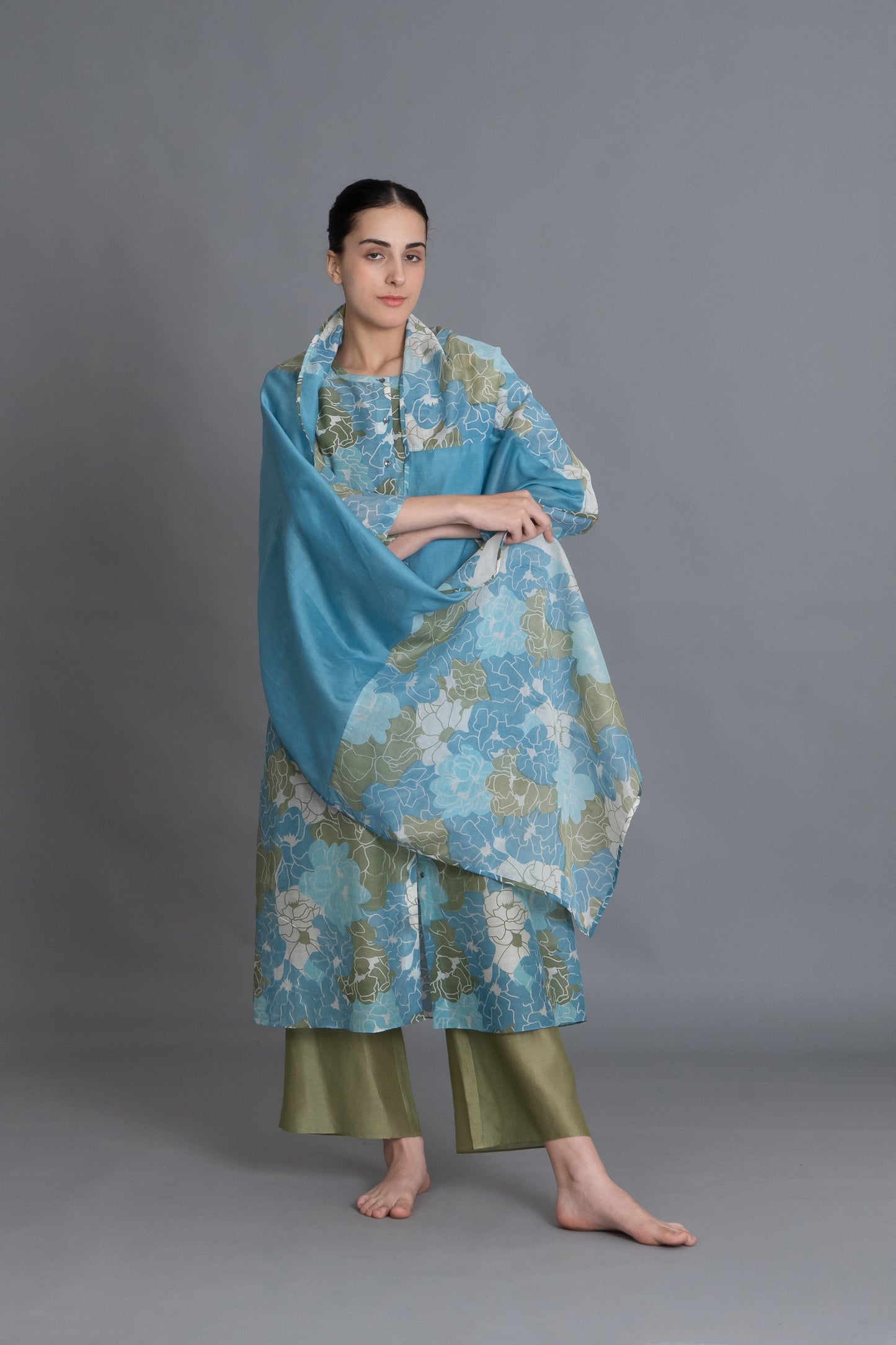 Ocean Blue Floral Print Kurta Co-Ord with scraff