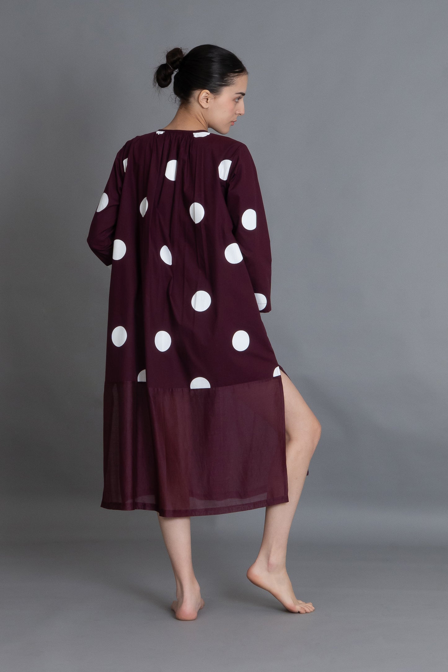 Maroon Polka Chanderi Gathered Dress