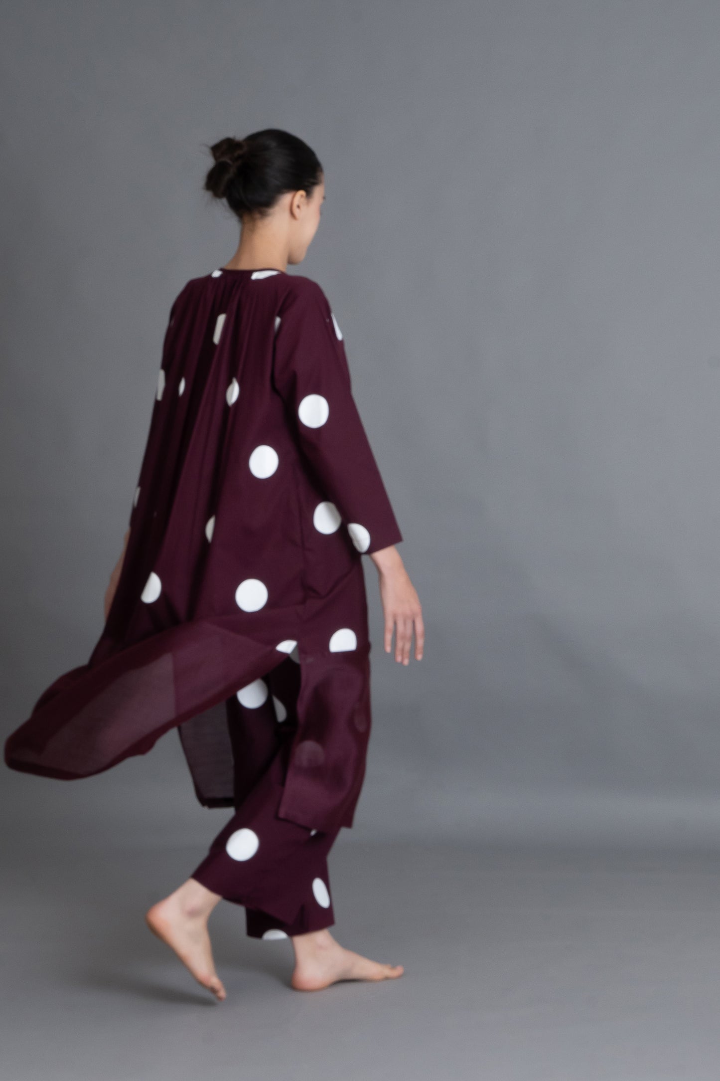Maroon Polka Chanderi Gathered Dress Co-ord