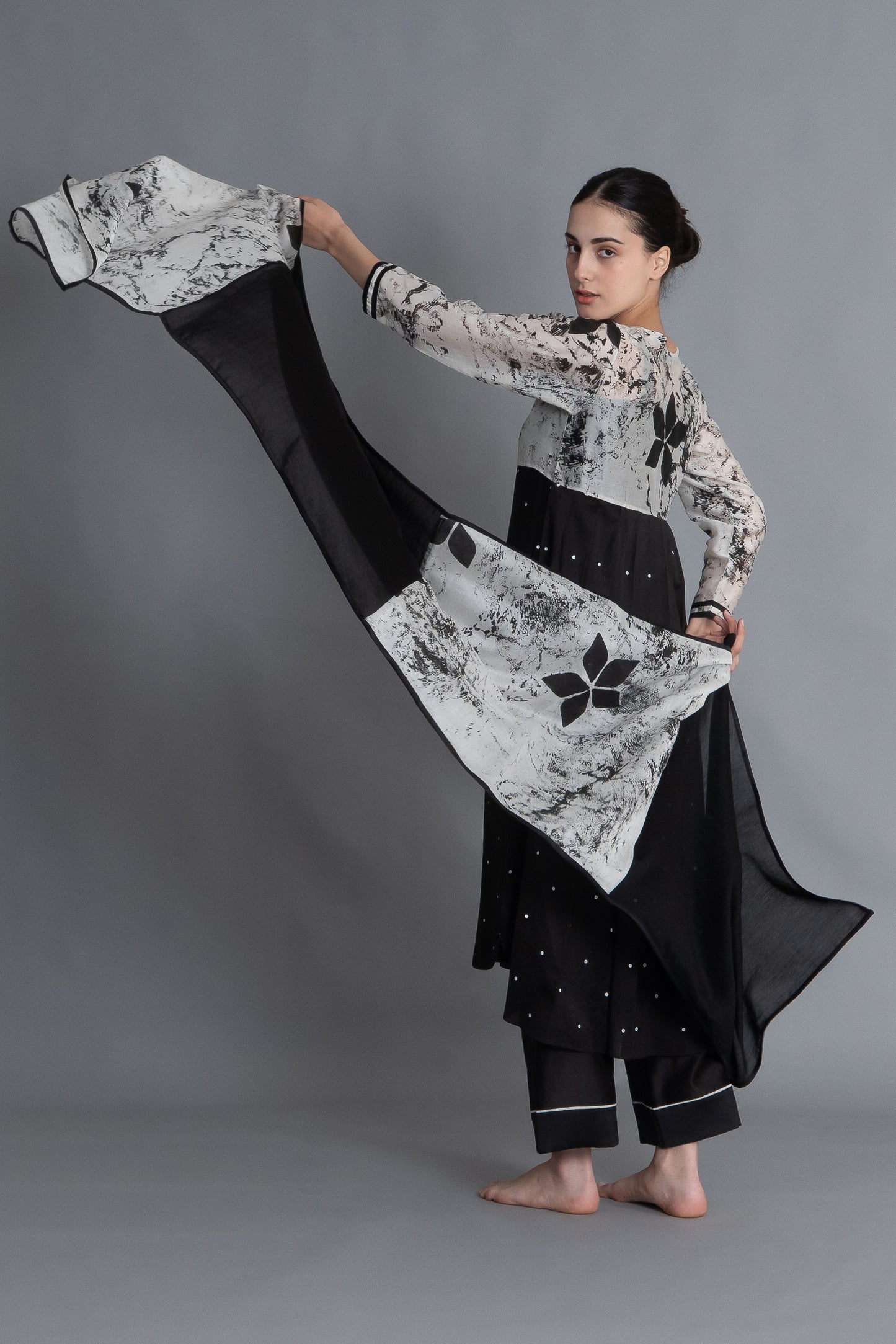 Black Printed Embroidered Dress Co-ord with Scraff