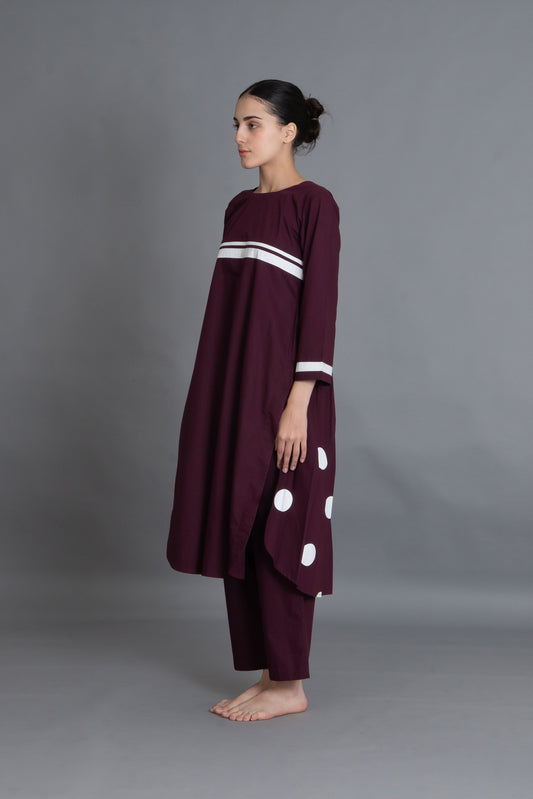 Maroon Polka Pleated Back Dress  Co-ord