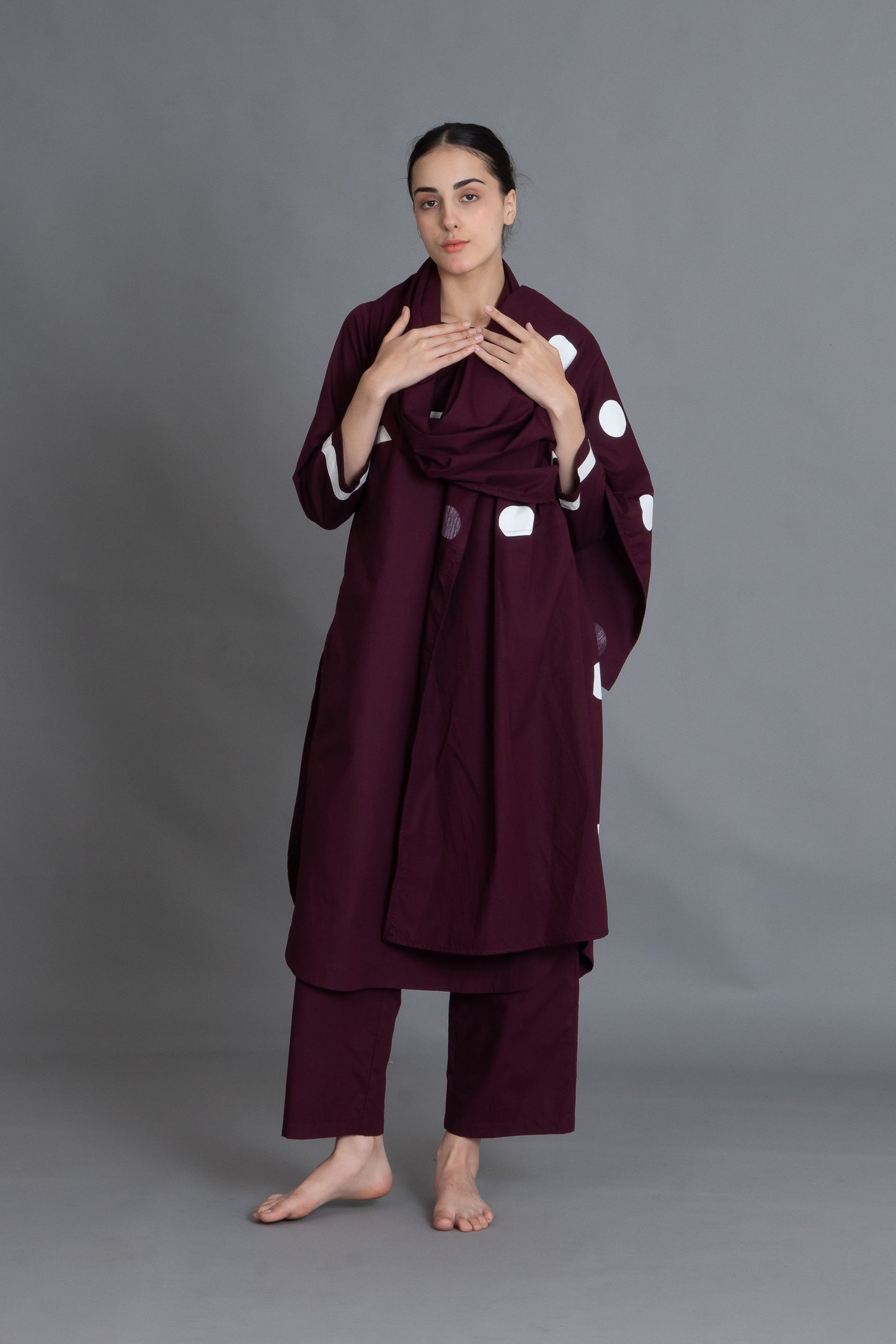 Maroon Polka Pleated Back Dress  Co-ord with Scraff