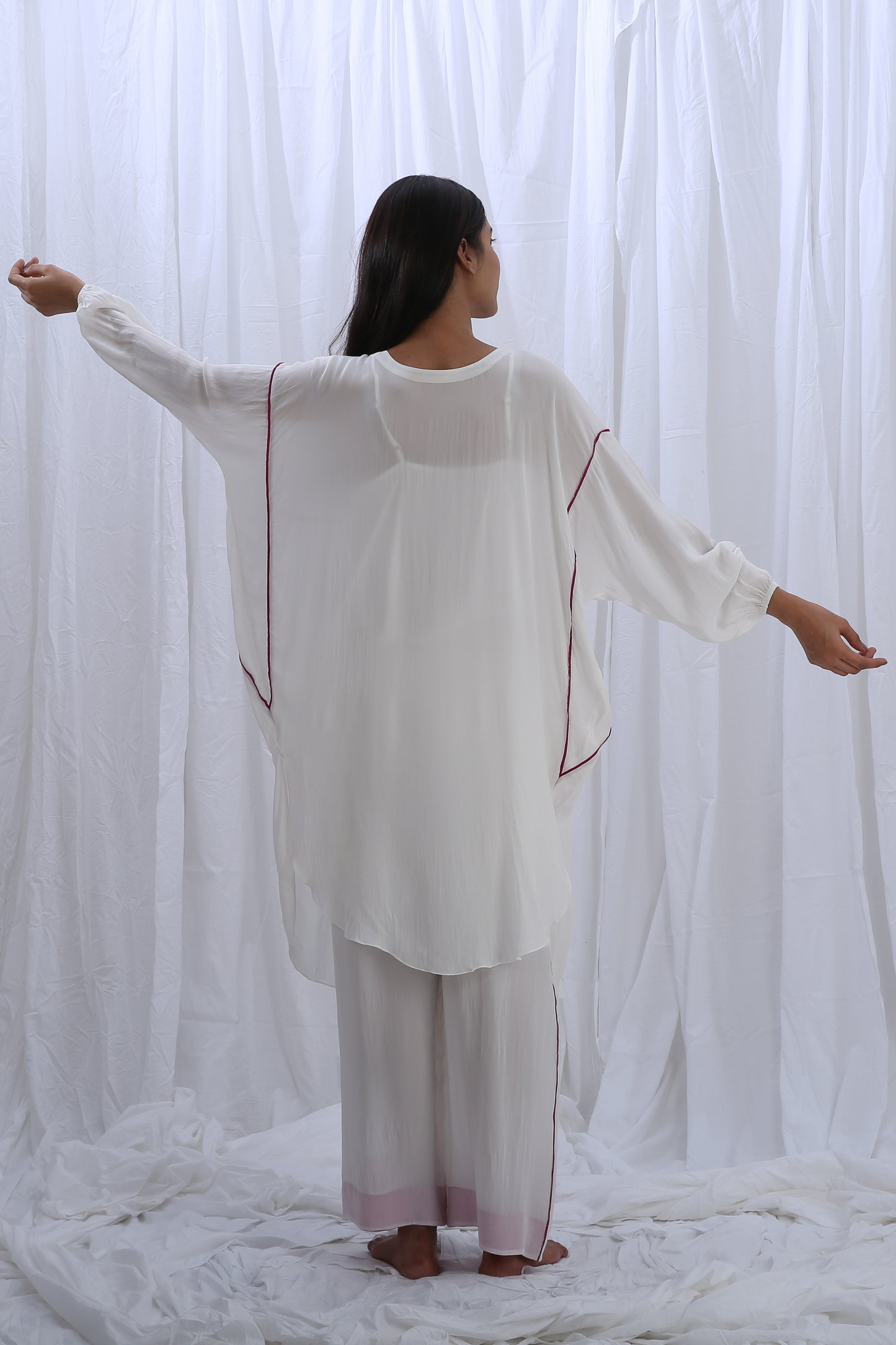 Bright White Pink Piping Kaftan Co-ord