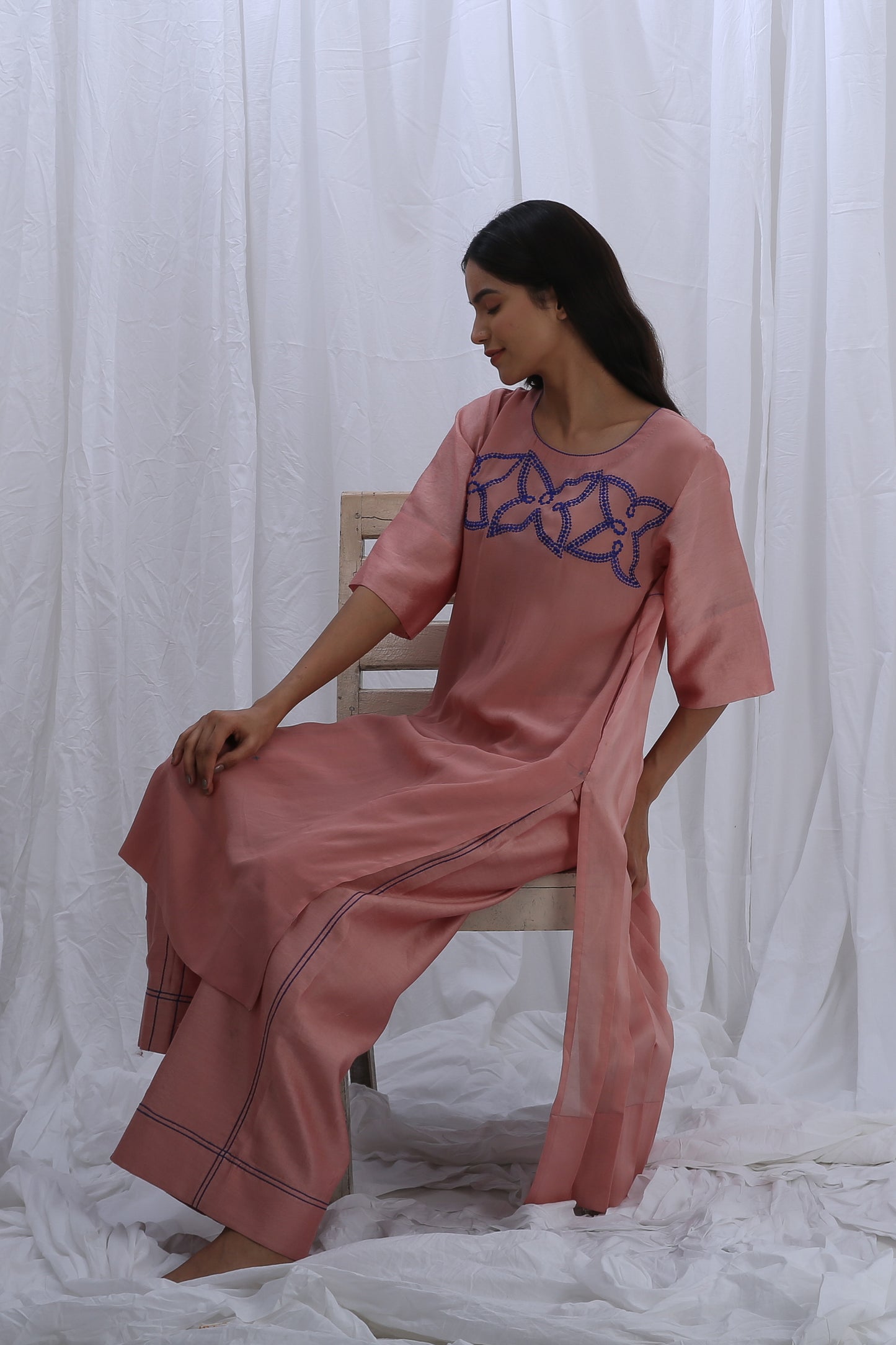 Peachy Pink Embroidery Pleated Dress Co-ord