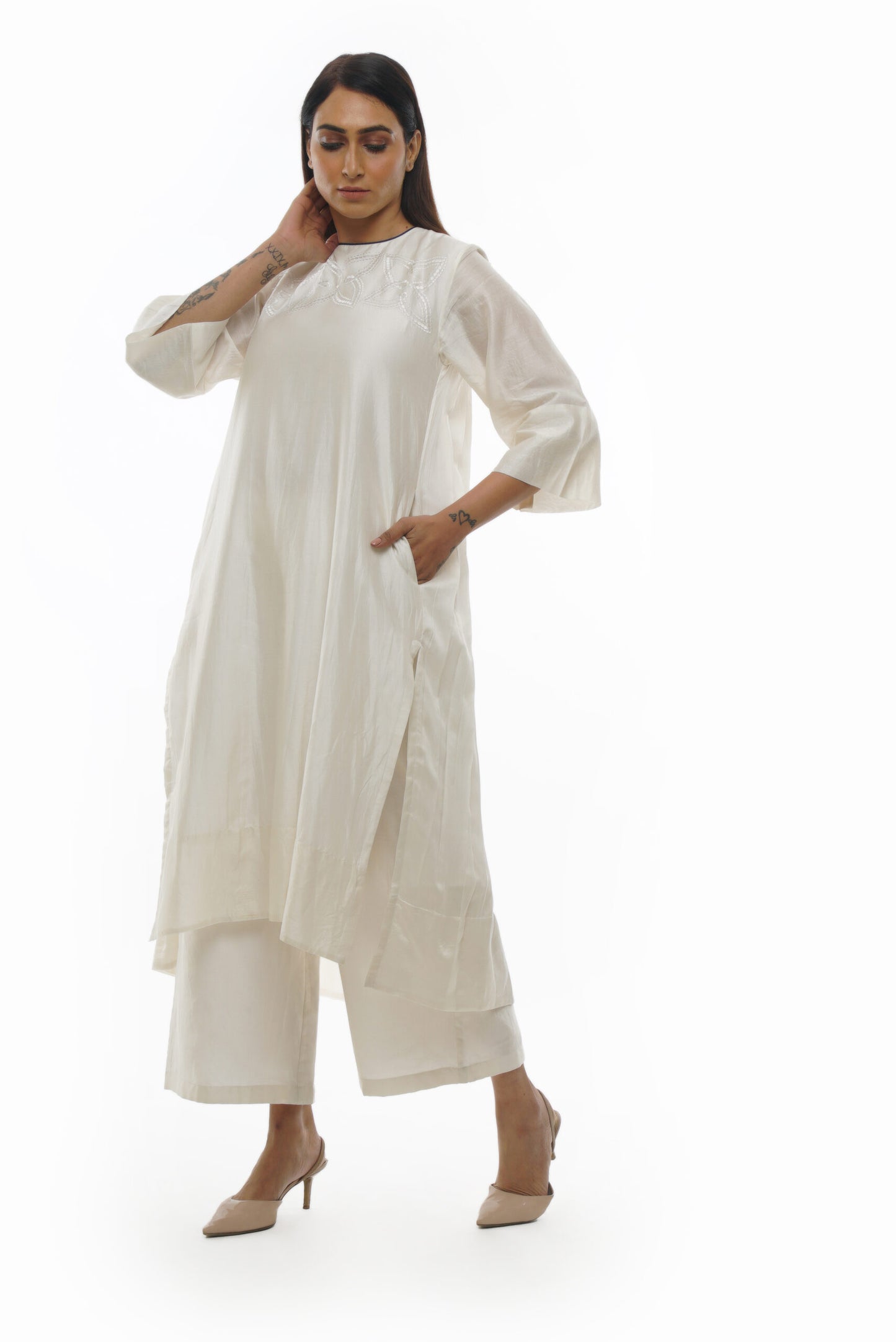 Bright White Chanderi Embroidery & Pleated Dress