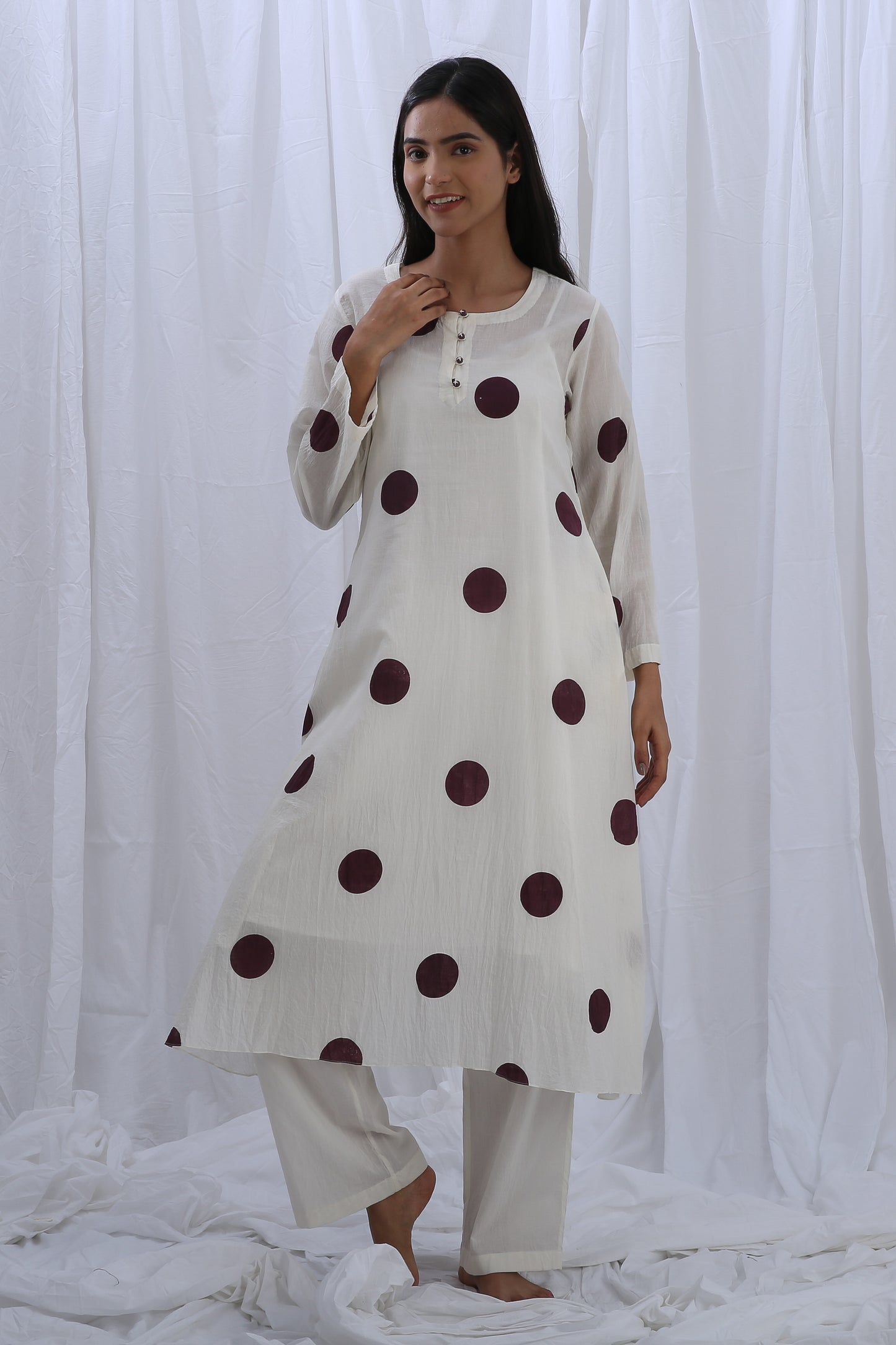 Berry polka round neck Dress Co-ord