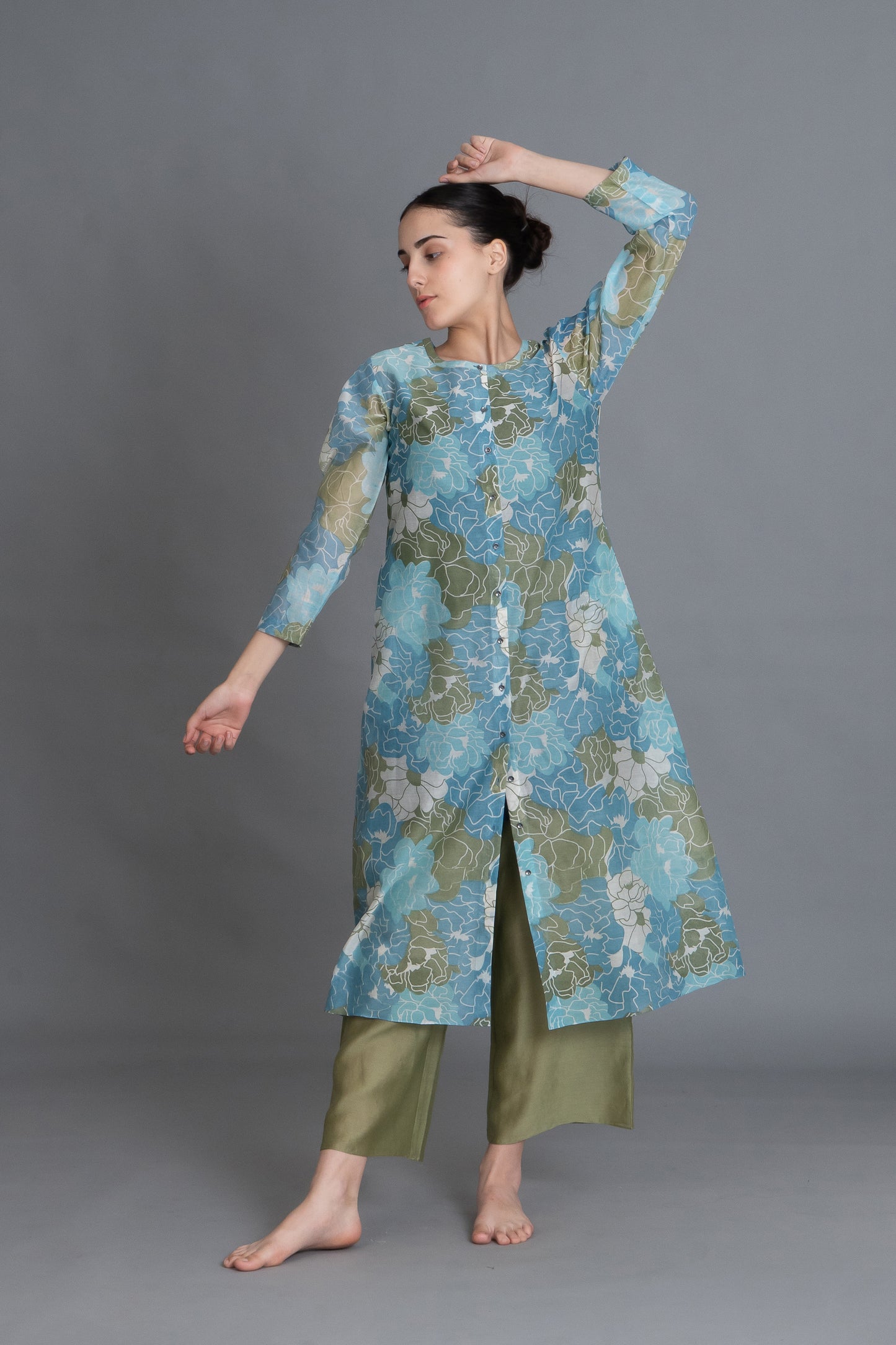 Ocean Blue Floral Print Kurta Co-ord