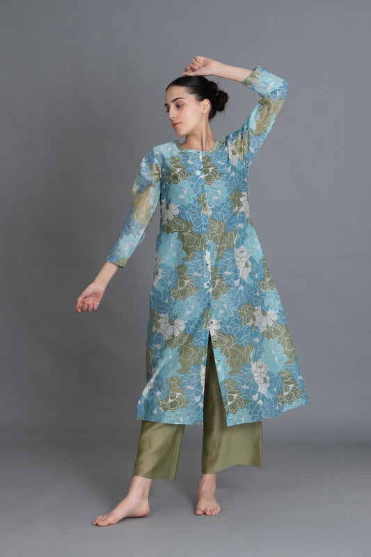 Ocean Blue Floral Print Kurta Co-ord