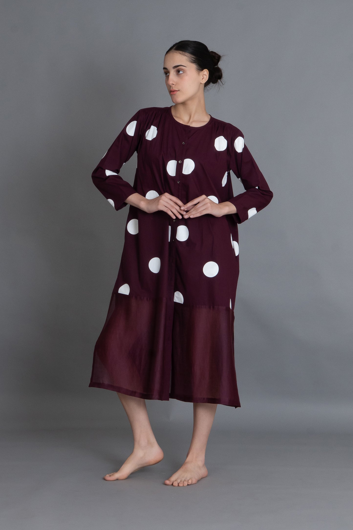Maroon Polka Chanderi Gathered Dress
