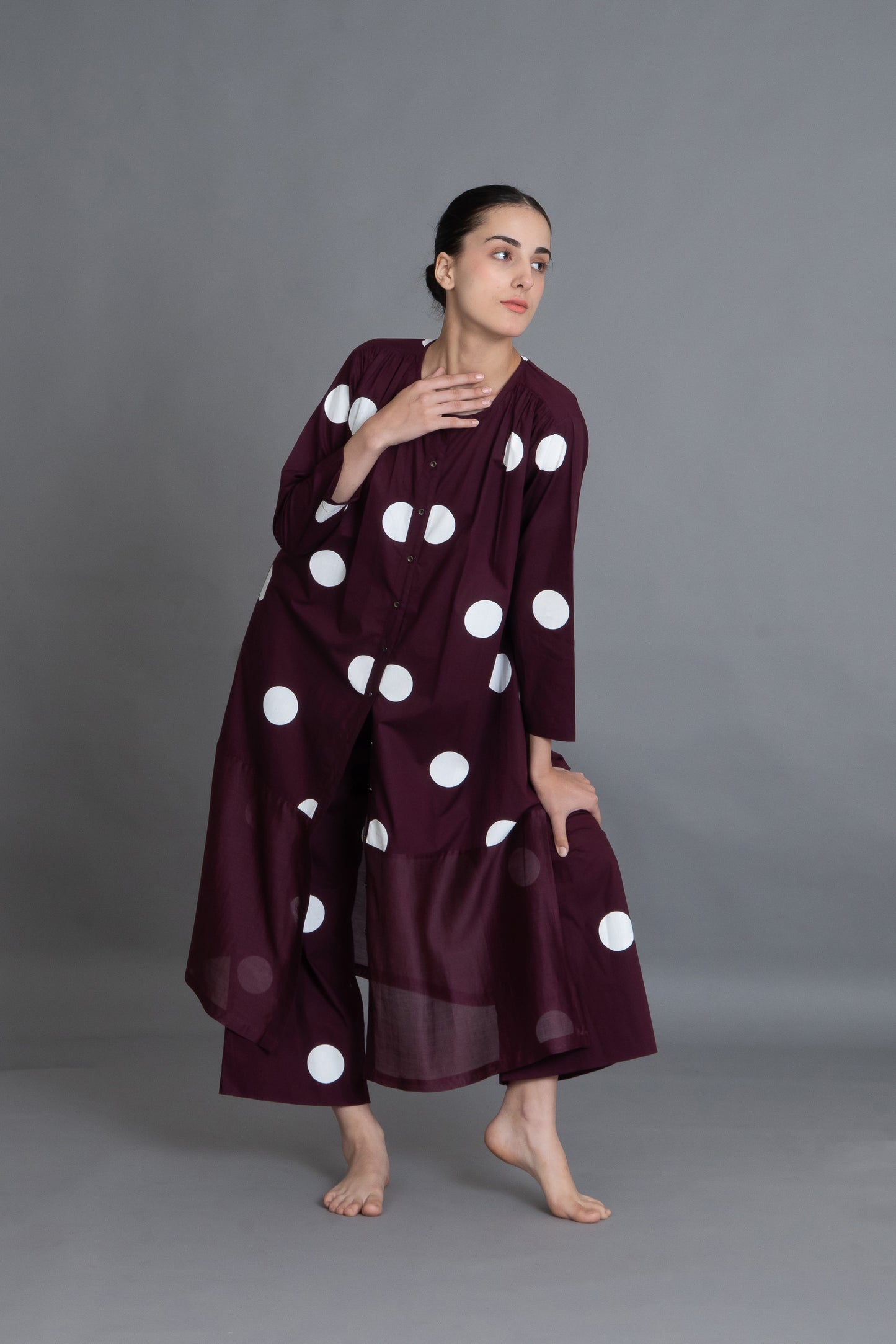 Maroon Polka Chanderi Gathered Dress Co-ord