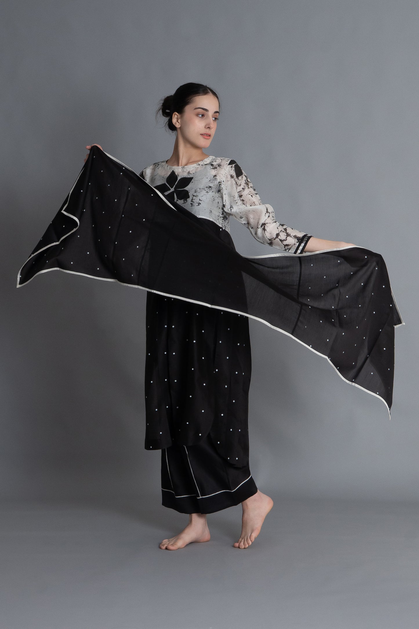 Black Printed Embroidered Dress Co-ord with Scraff