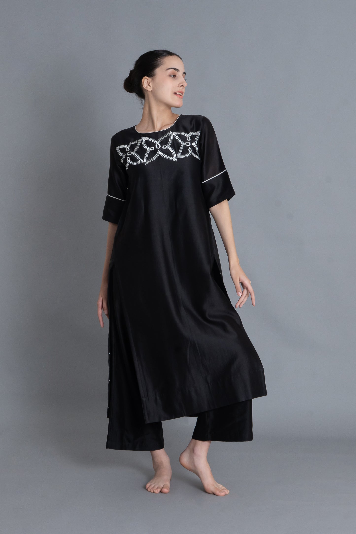 Black Floral Embroidered Pleated Dress Co-ord