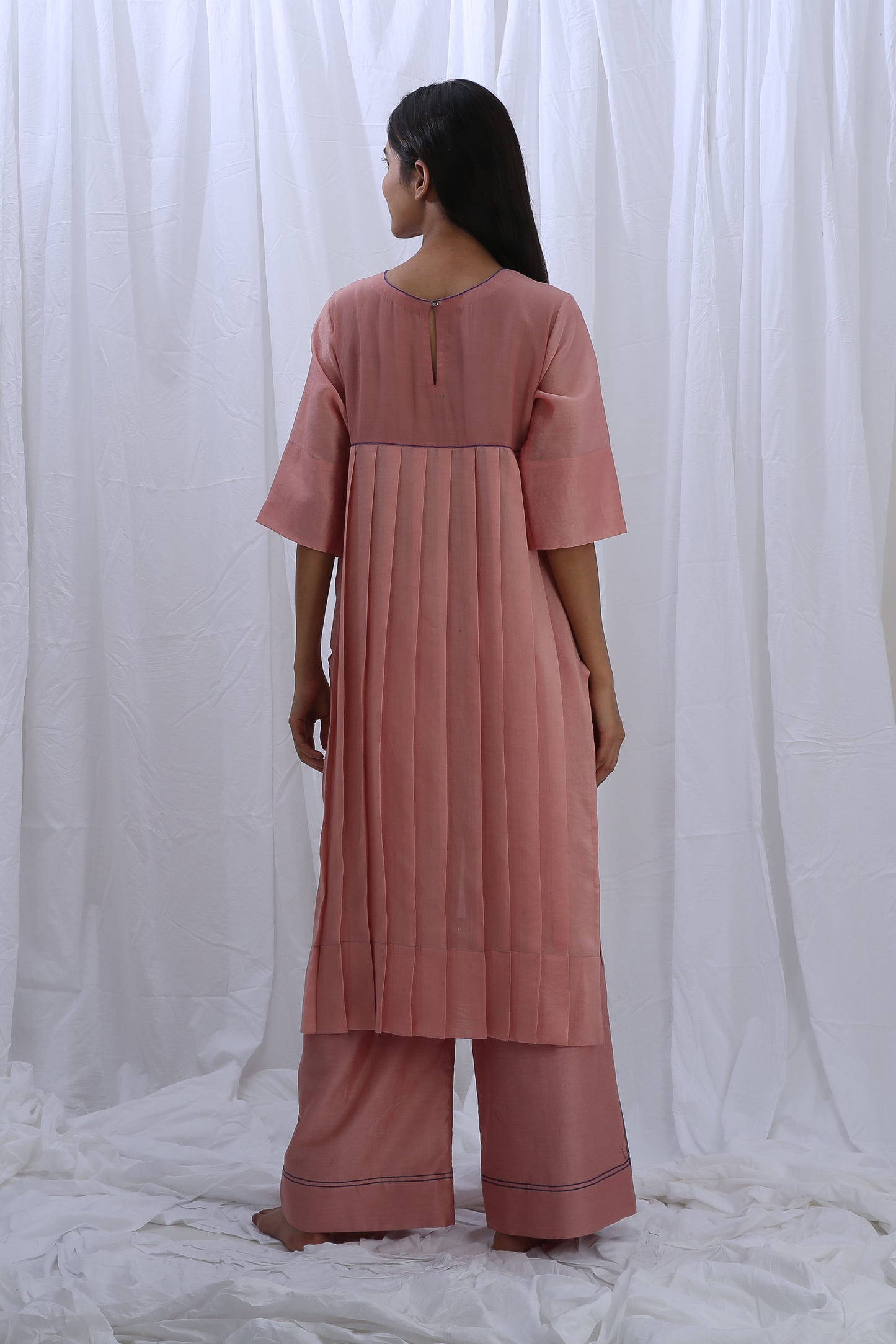 Peachy Pink Embroidery Pleated Dress Co-ord