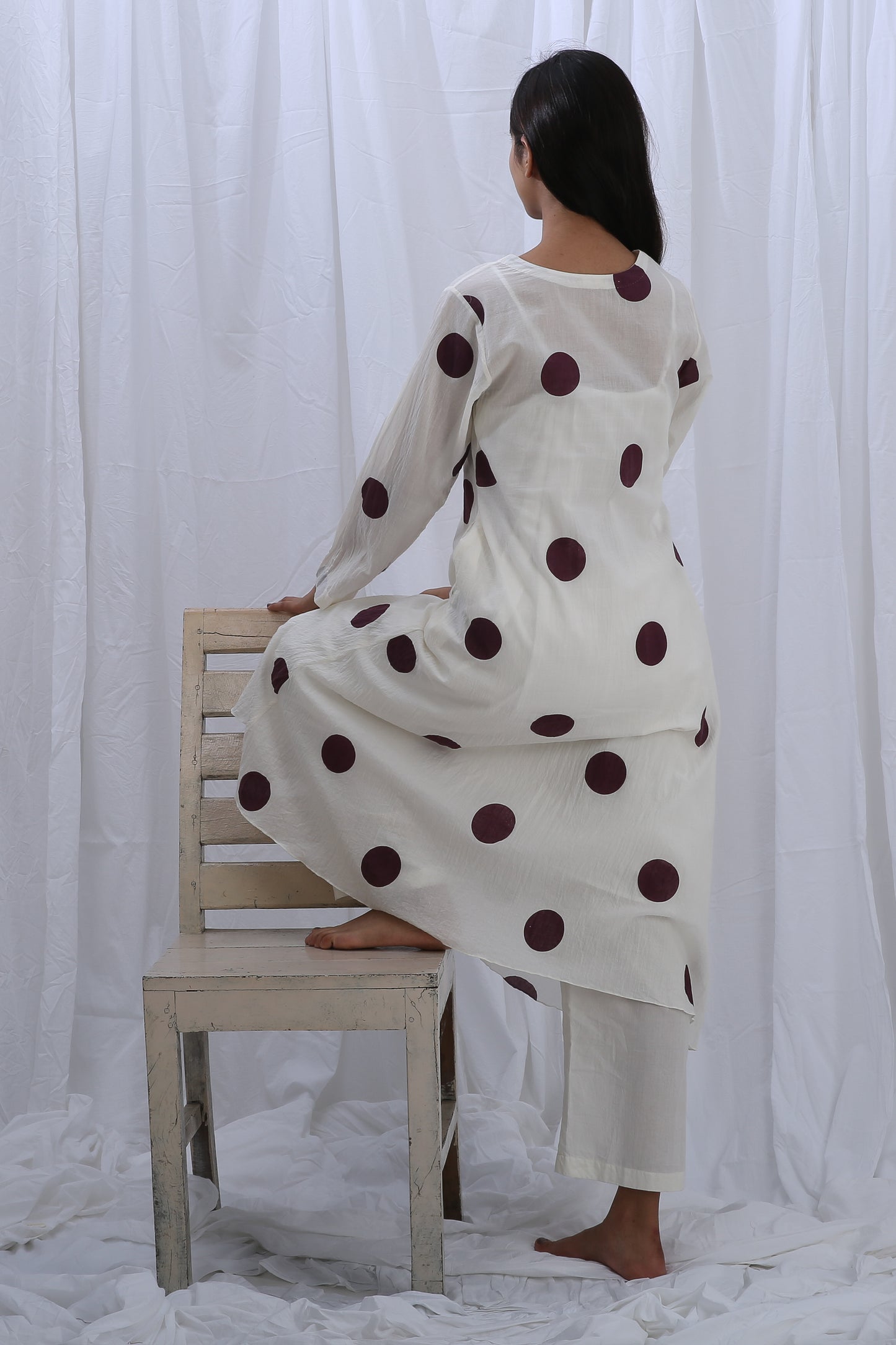 Berry polka round neck Dress Co-ord with Scraf