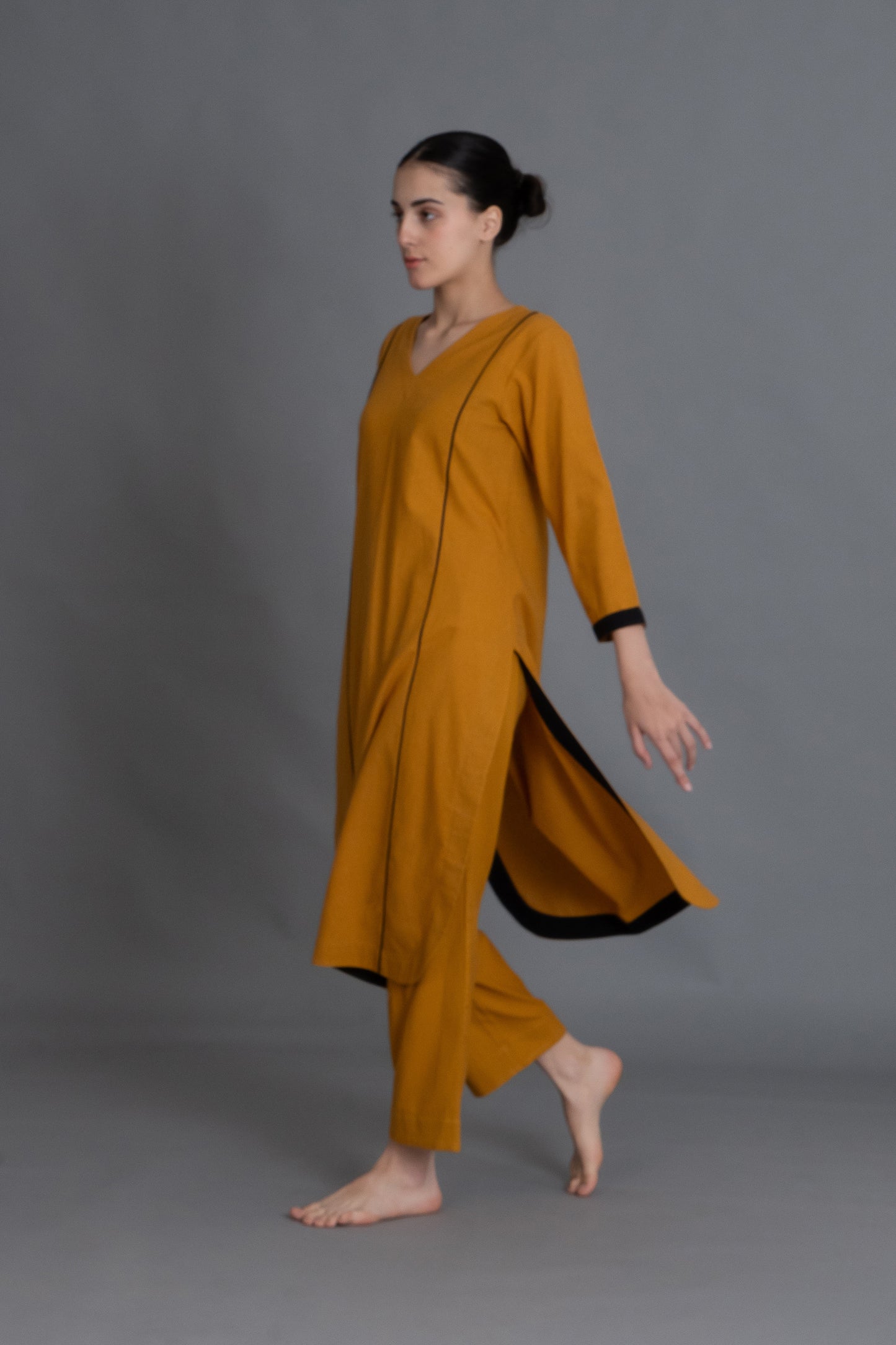 Mustered Cotton V-Neck Dress