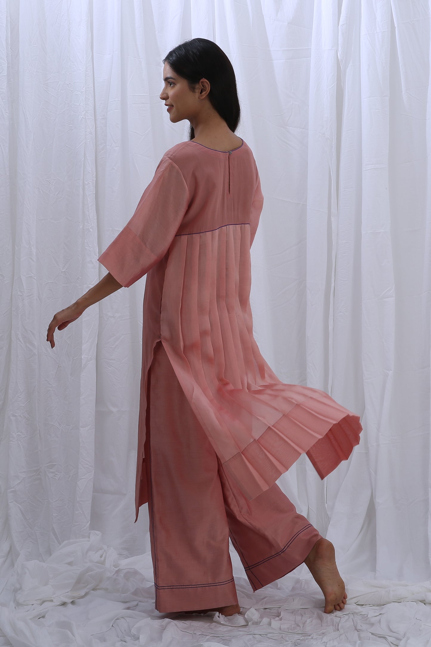 Peachy Pink Embroidery Pleated Dress