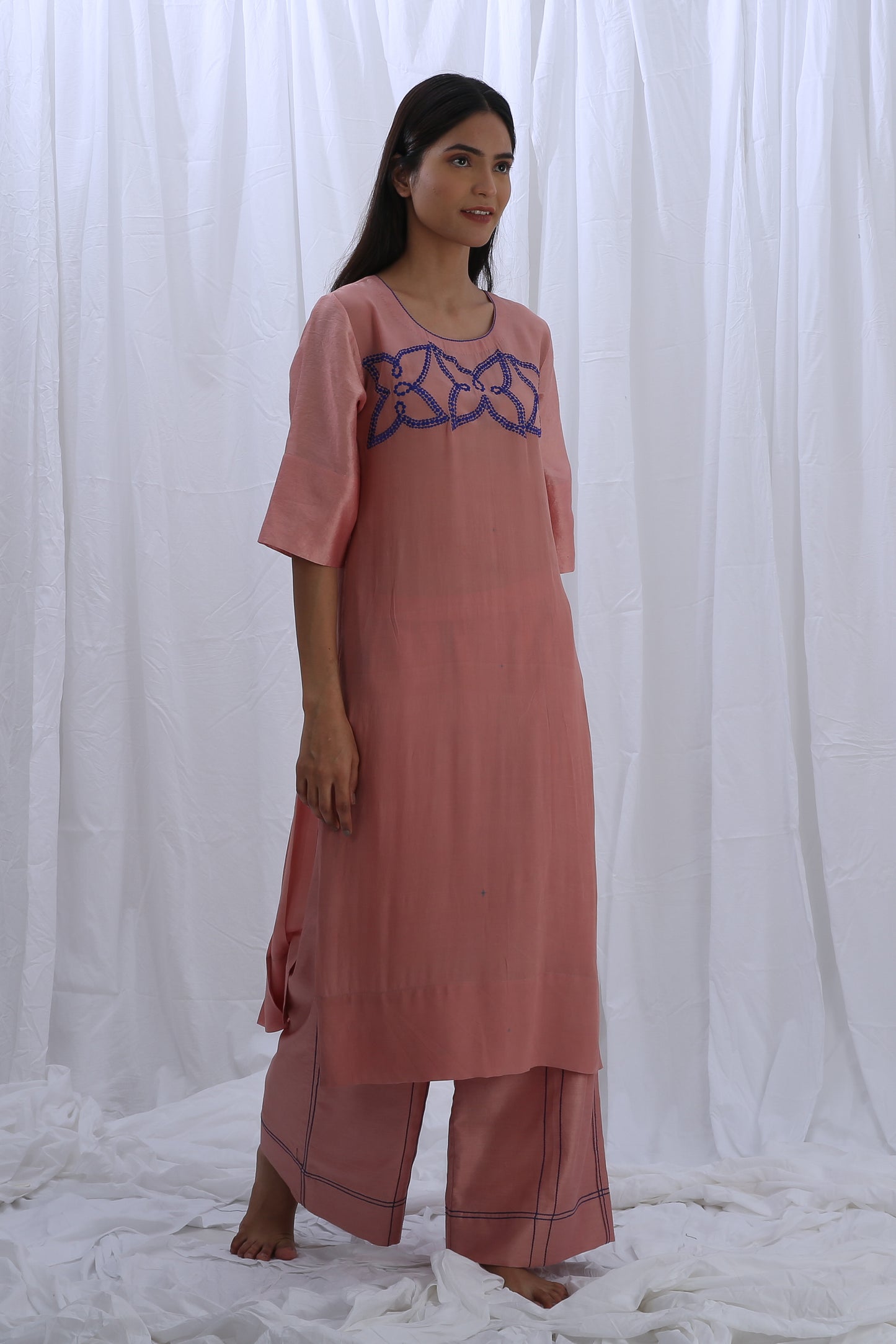 Peachy Pink Embroidery Pleated Dress