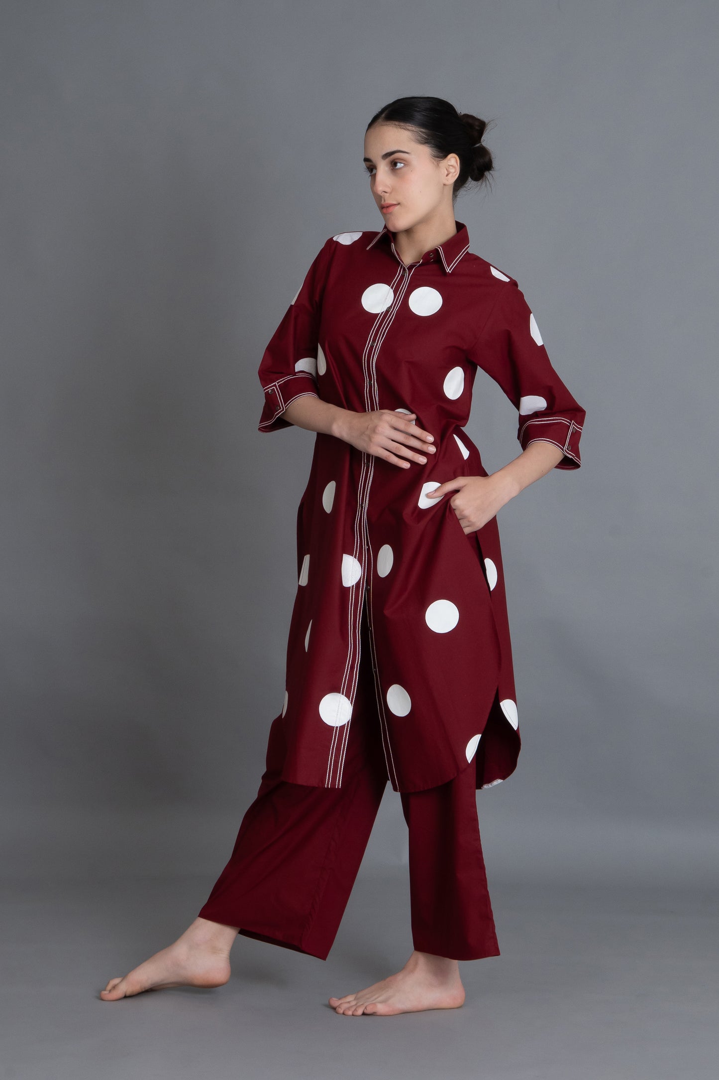 Crimson Embroidered Polka Shirt Co-ord