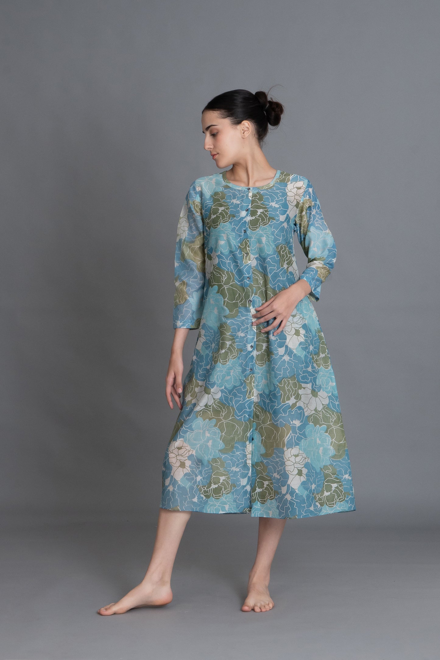 Ocean Blue Floral Print Kurta