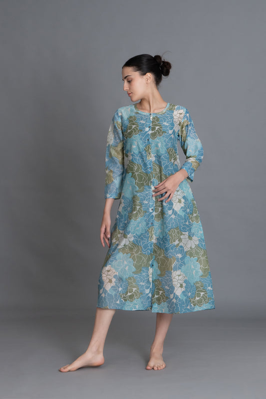 Ocean Blue Floral Print Kurta
