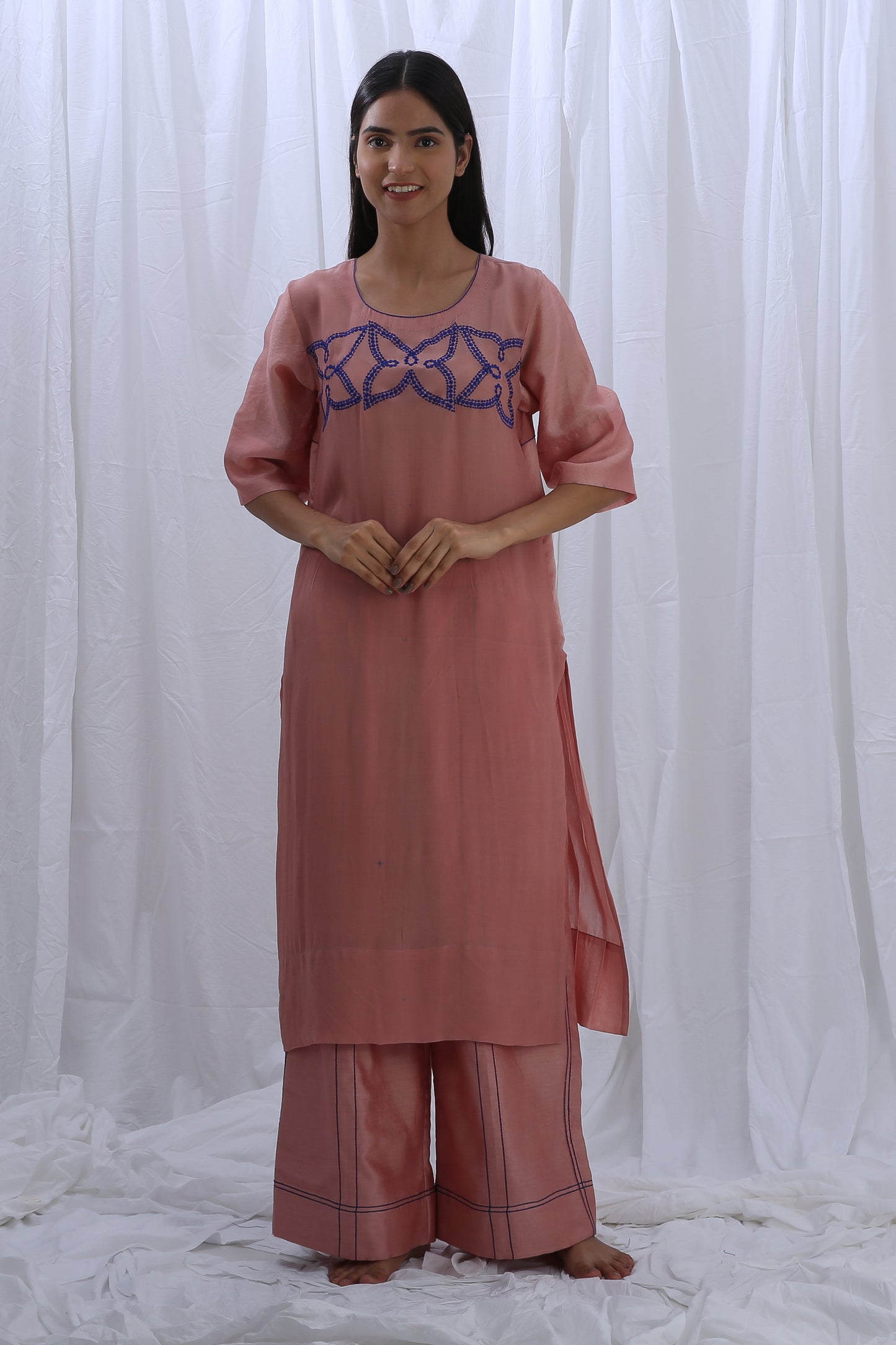 Peachy Pink Embroidery Pleated Dress Co-ord