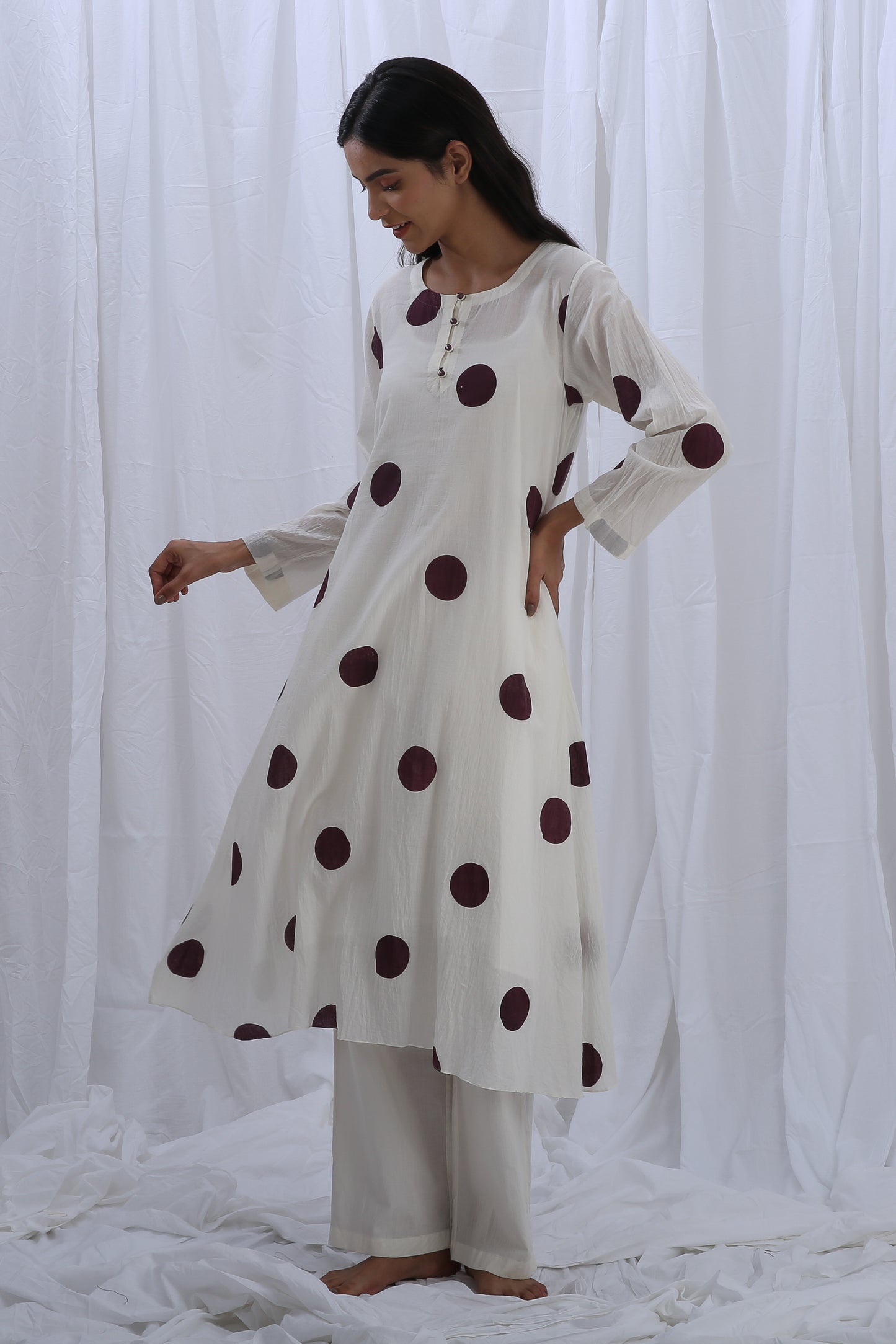 Berry polka round neck Dress Co-ord