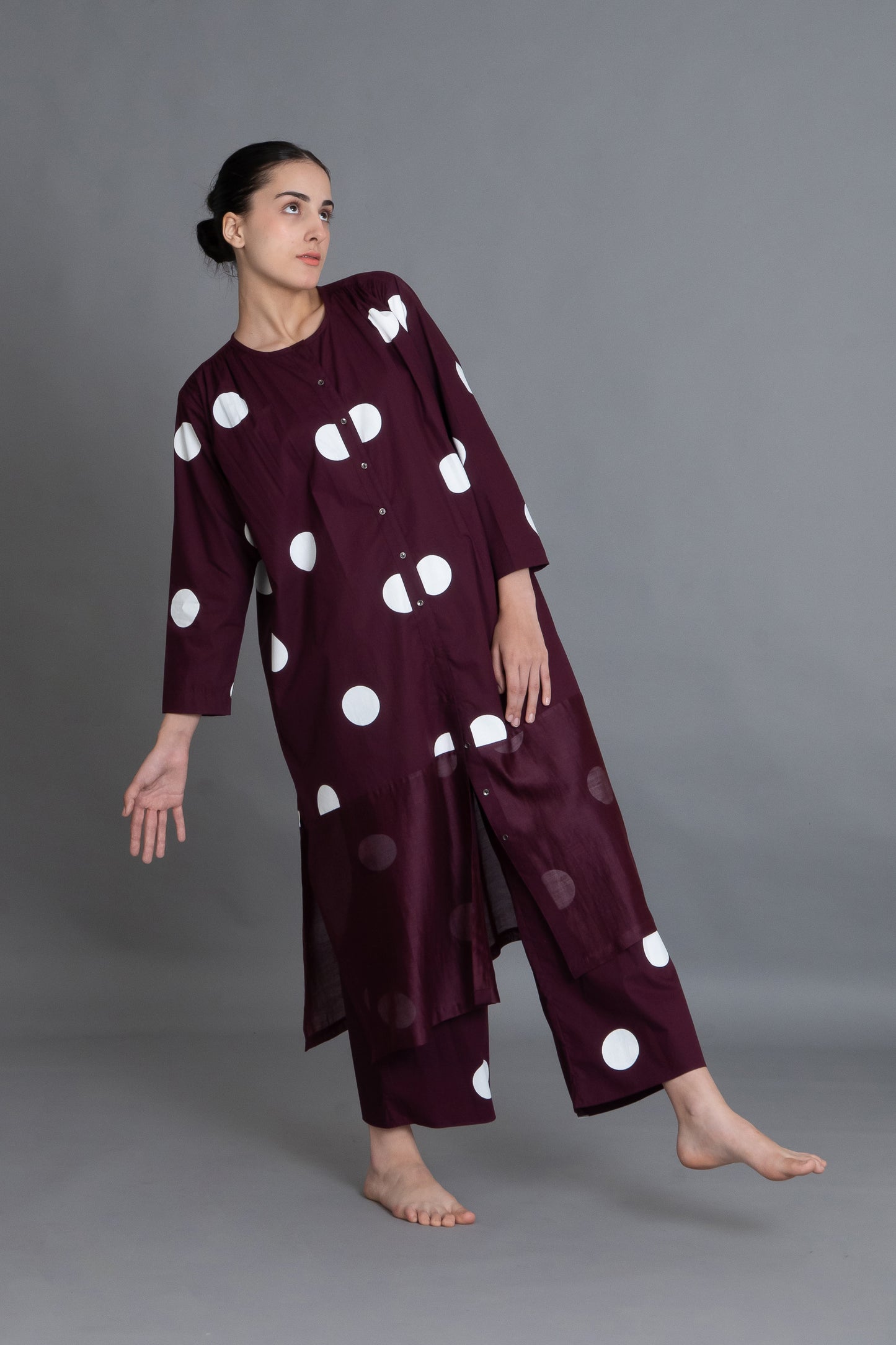 Maroon Polka Chanderi Gathered Dress Co-ord