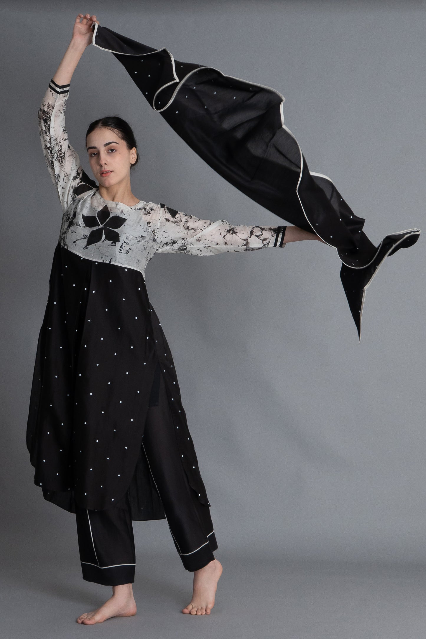 Black Printed Embroidered Dress Co-ord with Scraff