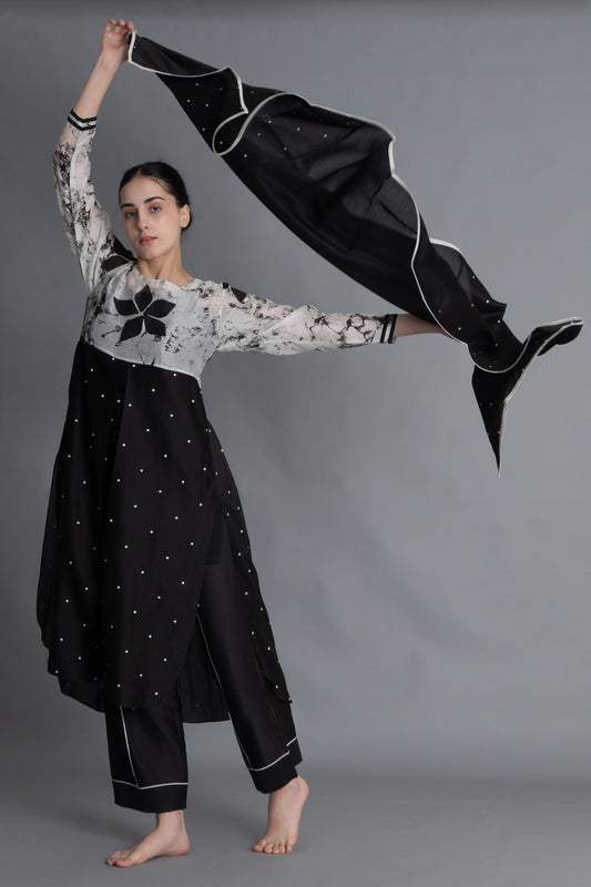 Black Printed Embroidered Dress Co-ord with Scraff