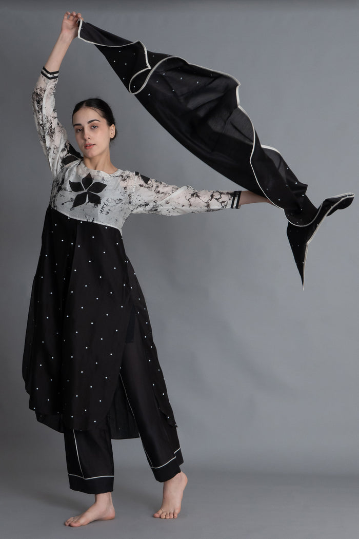 Black Printed Embroidered Dress Co-ord with Scraff