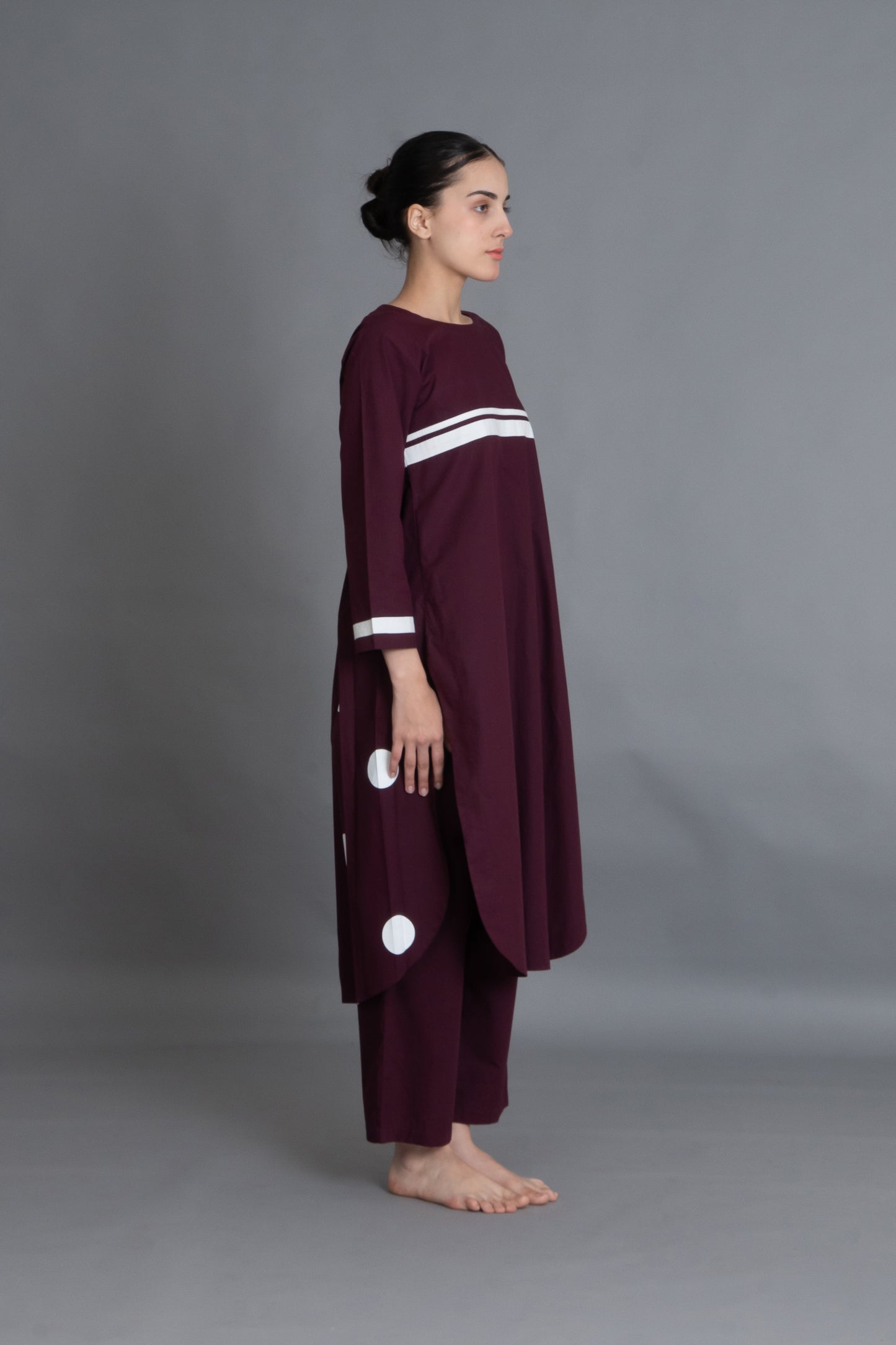Maroon Polka Pleated Back Dress  Co-ord