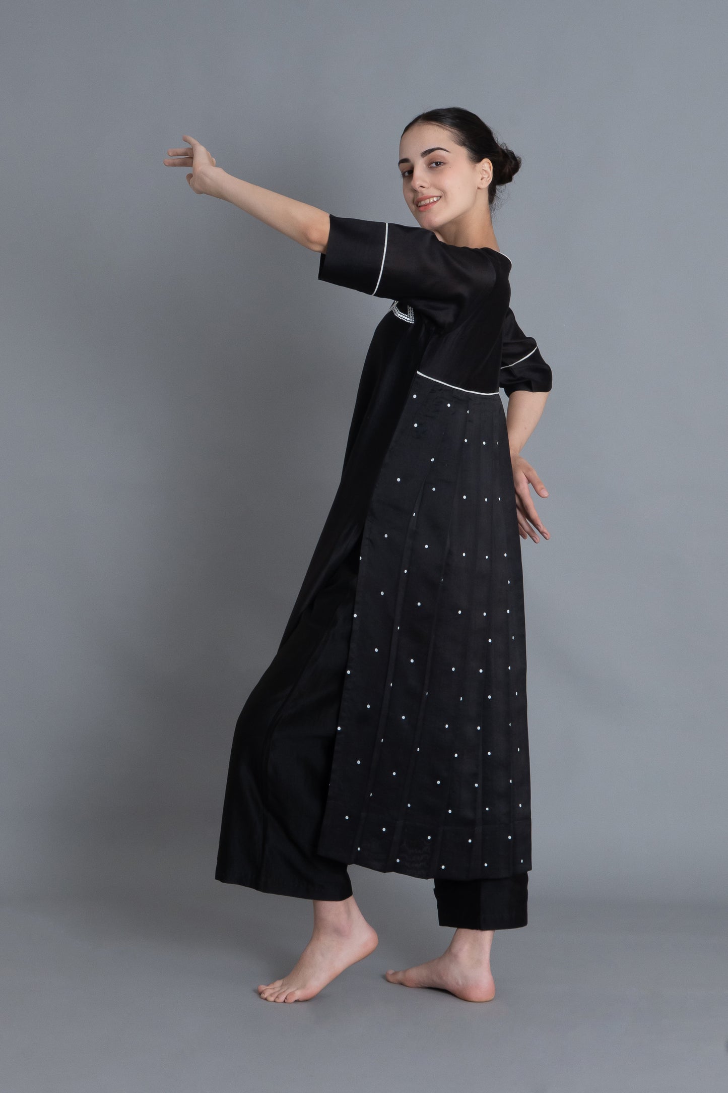 Black Floral Embroidered Pleated Dress Co-ord