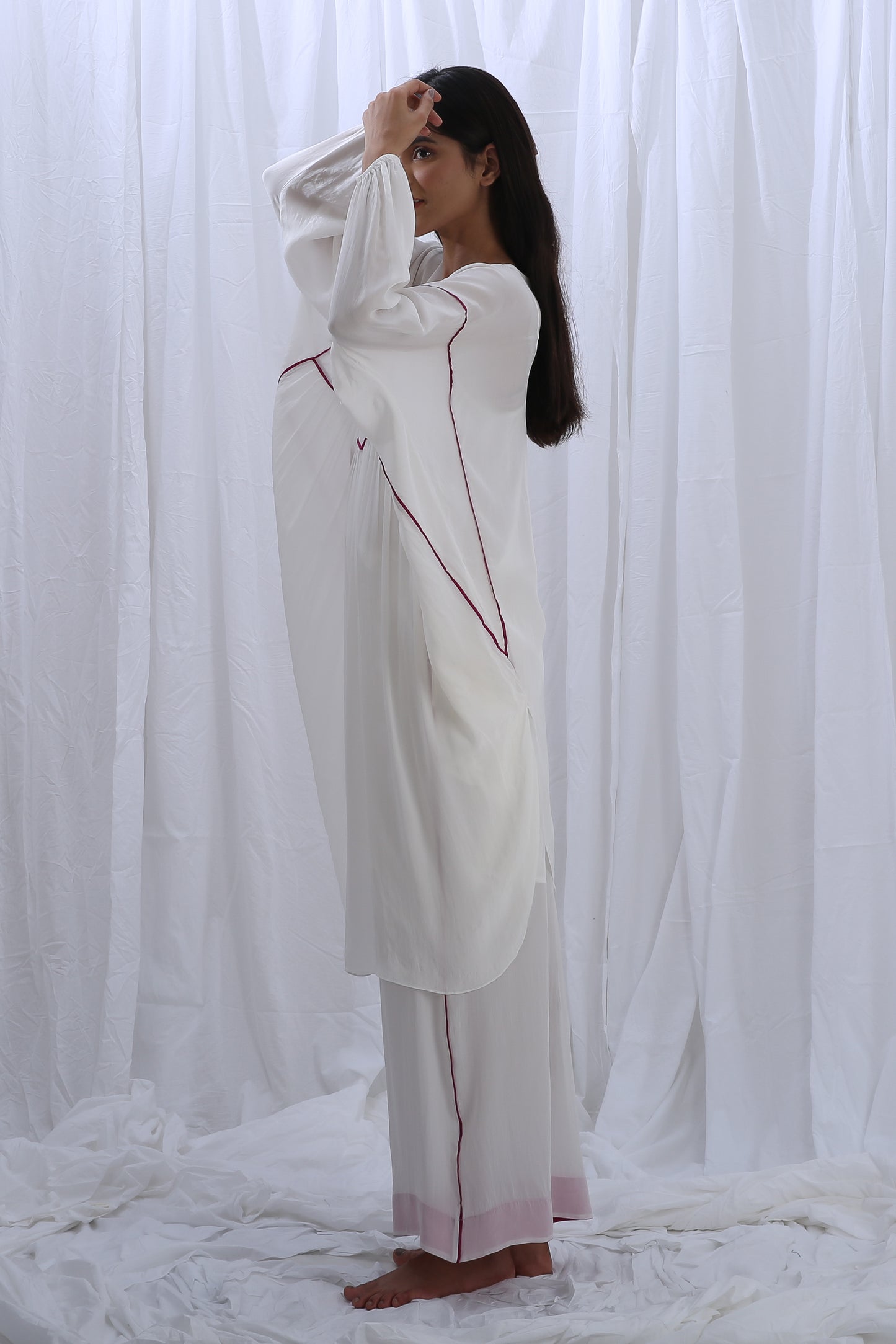 Bright White Pink Piping Kaftan Co-ord