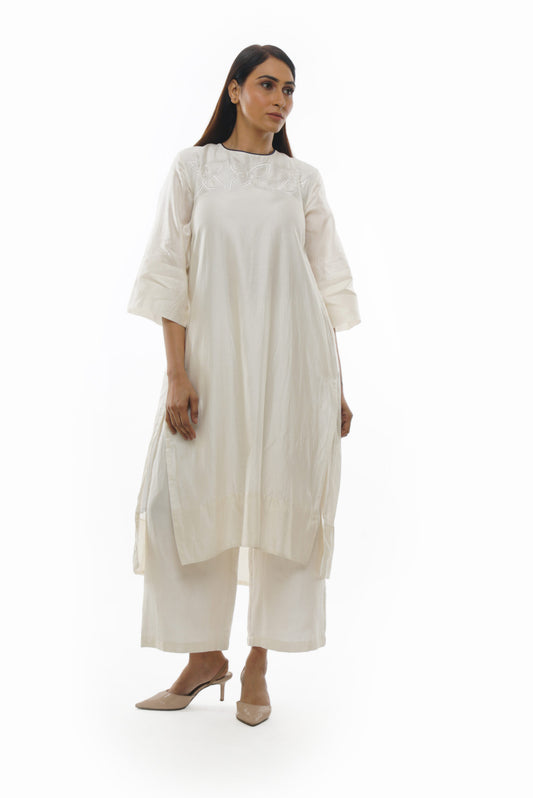 Bright White Chanderi Embroidery & Pleated Dress
