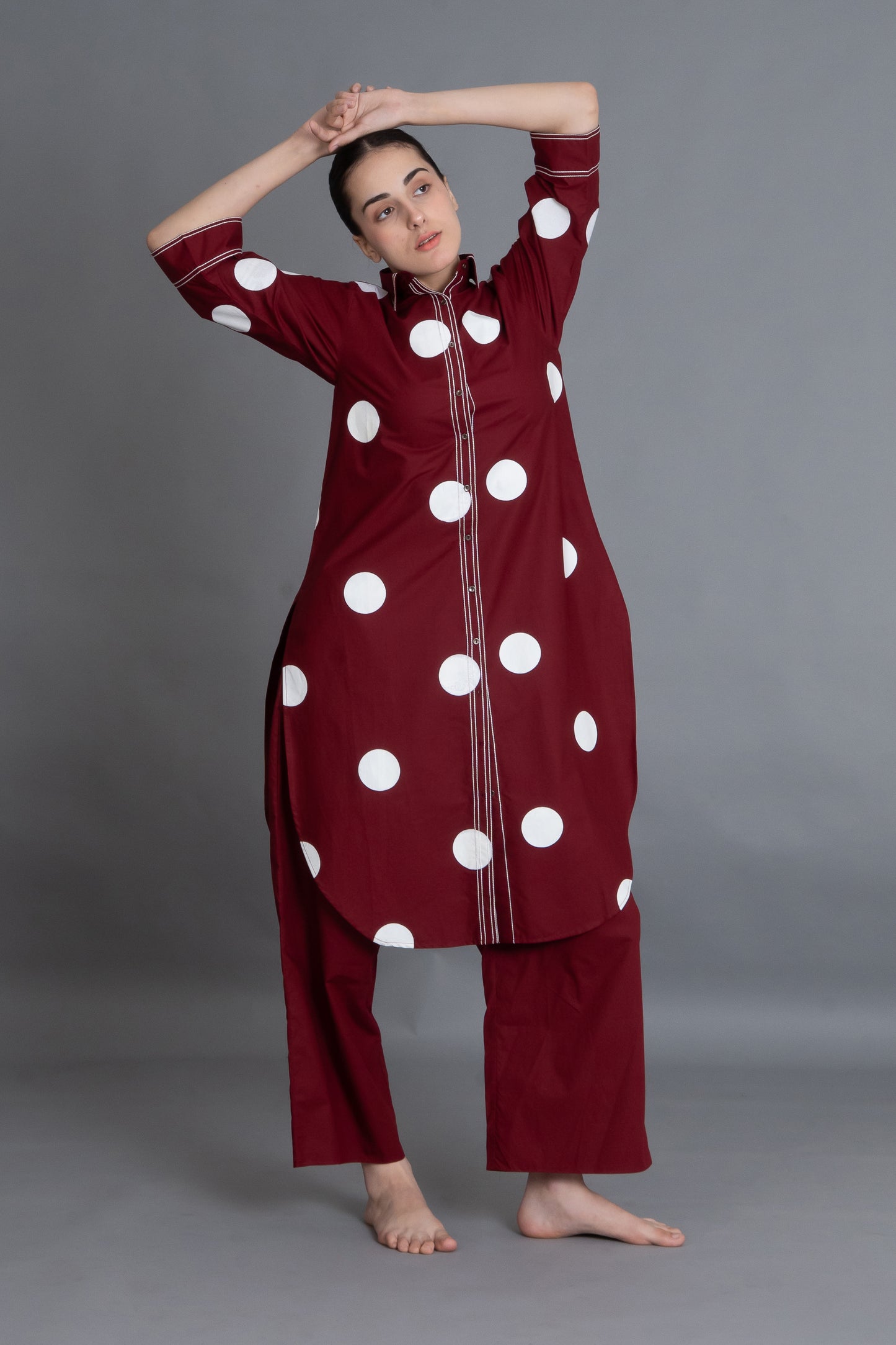 Crimson Embroidered Polka Shirt Co-ord