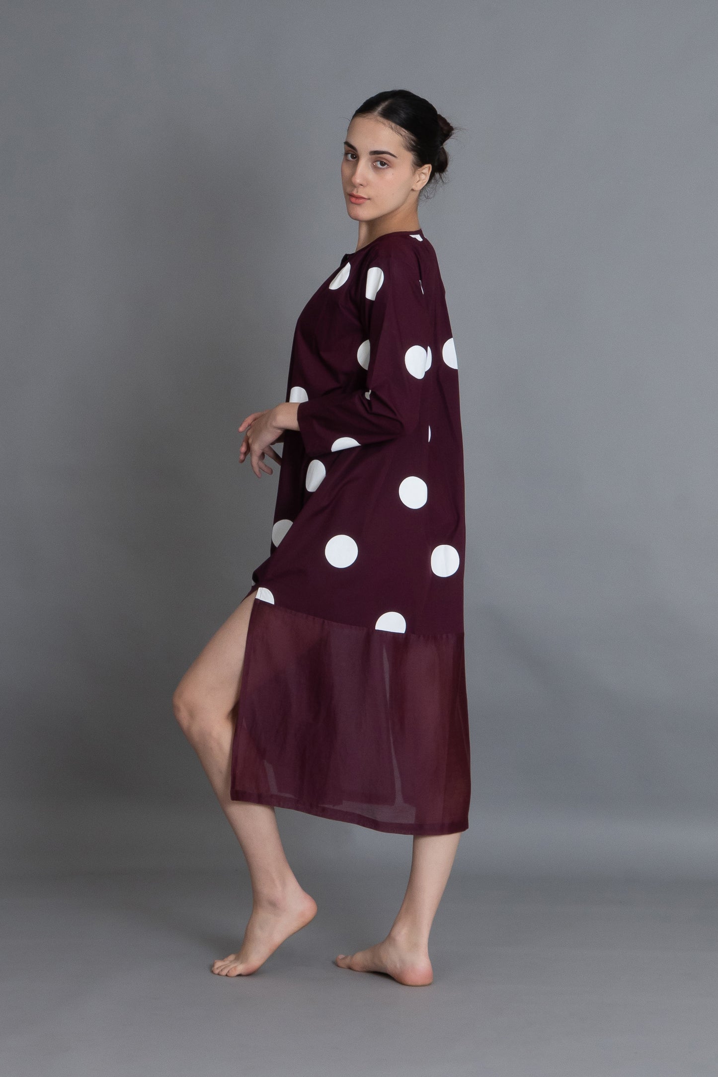 Maroon Polka Chanderi Gathered Dress