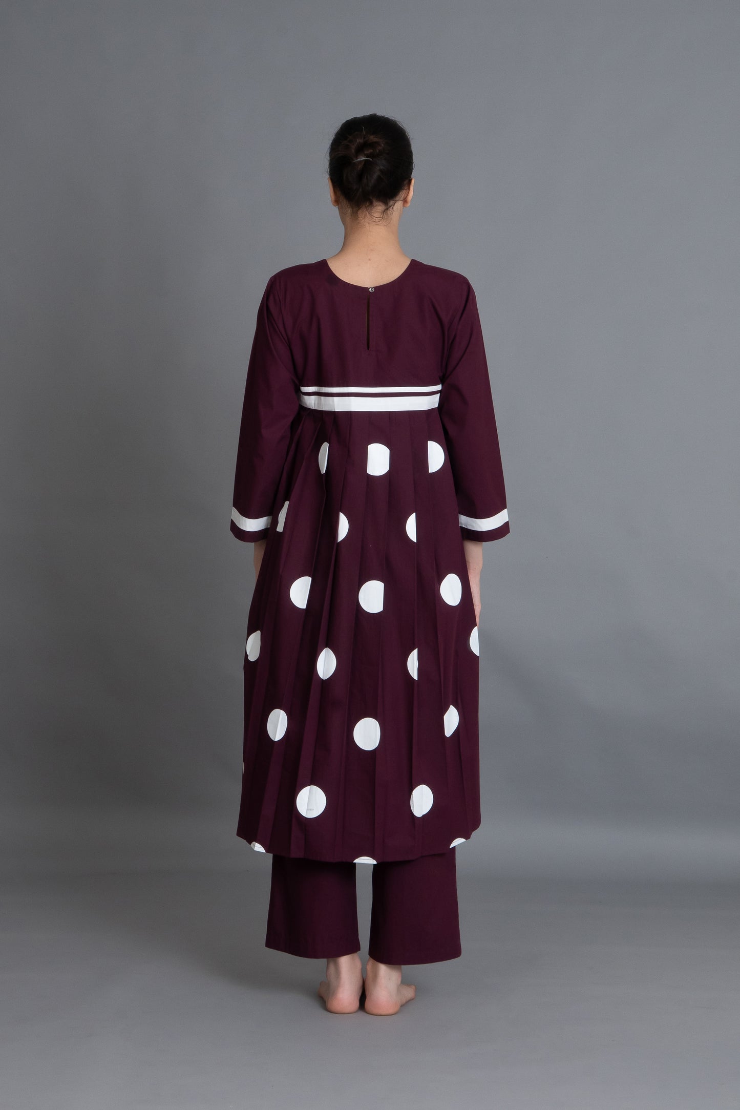 Maroon Polka Pleated Back Dress  Co-ord